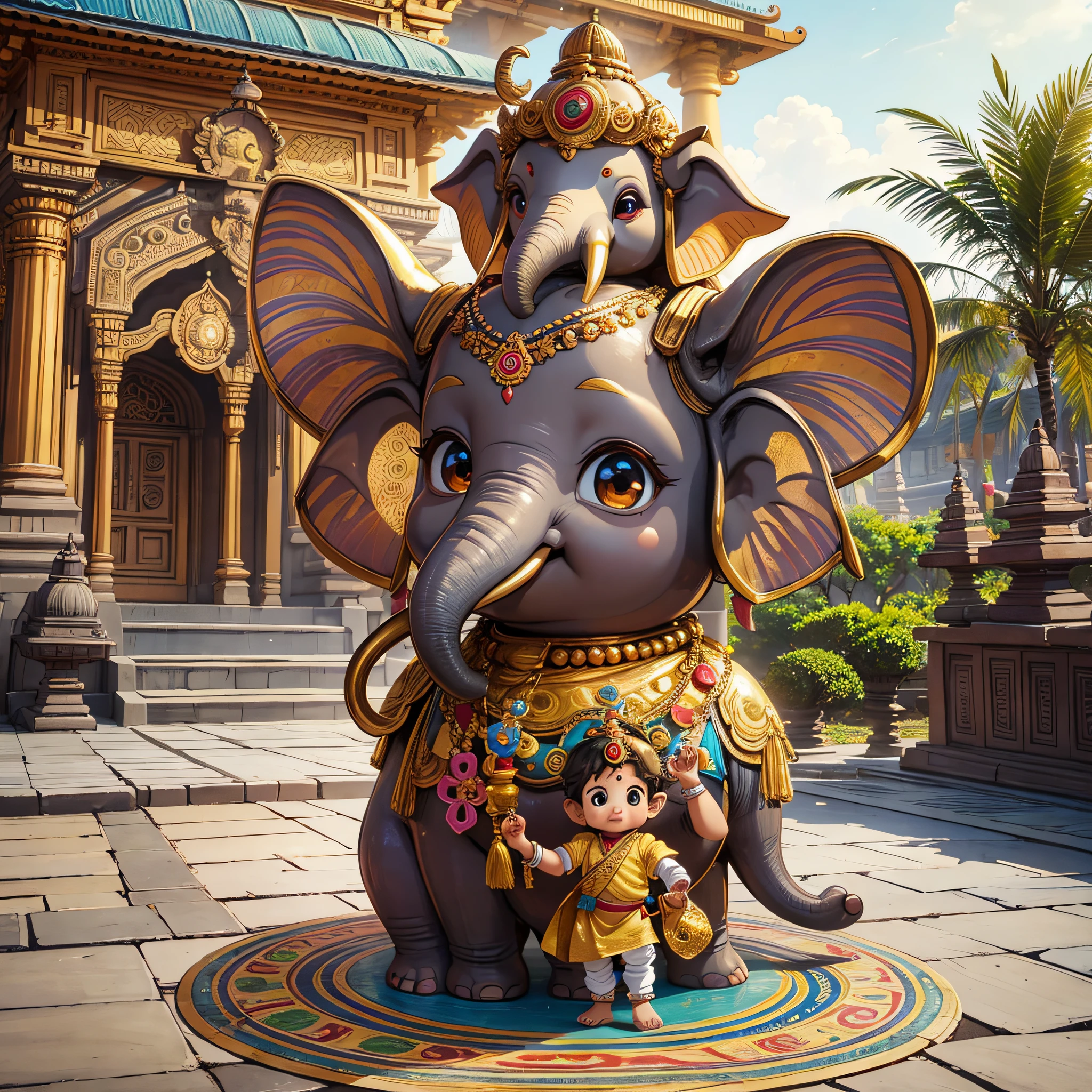 Cute ganesha elephant little boy, pop mart, golden armor, big eyes, character front view, waving moves, brown color palette, temple, india, chennai, surrounded by colorful flowers, on warm old temple background, sun, rich details, pixar, 3d, --auto --s2