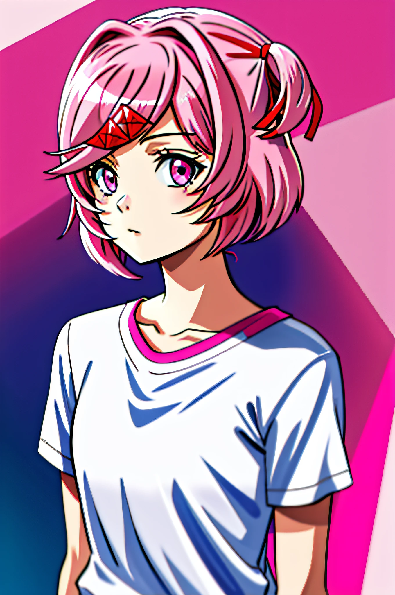 natsuki, olhos rosa, cabelo rosa, dois lados para cima, hair ornament, fita de cabelo, camiseta branca