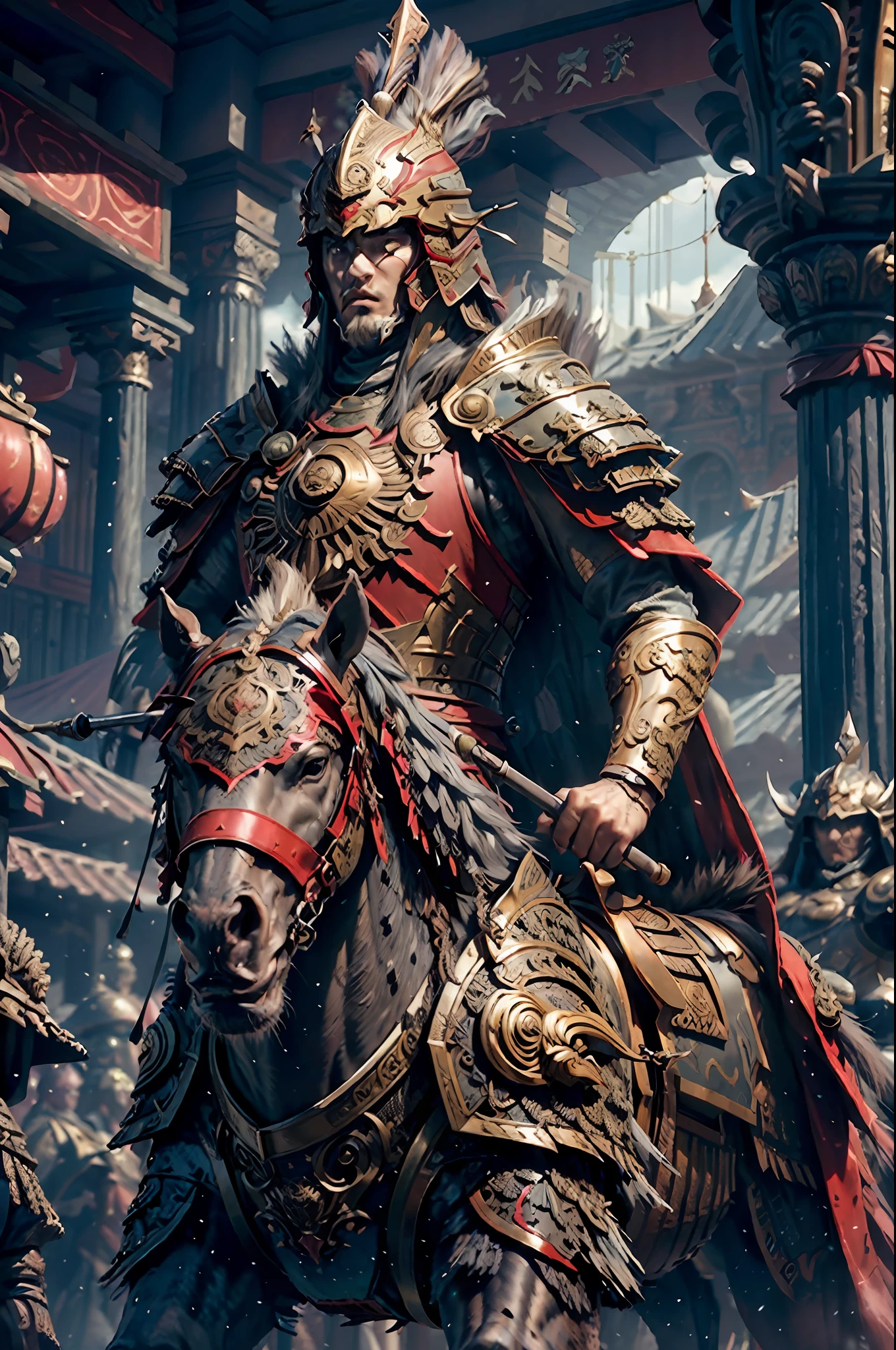 ((Masterpiece))), ((Best Quality))), ((Ultra Detailed)), (Surreal), (Highly Detailed CG Illustration), Cinematic Light, Realistic, Very Handsome Young Man, Posture, Intricate Details EABA, Red Cloak, Spear, Horse Riding, Grey Armor, Helmet