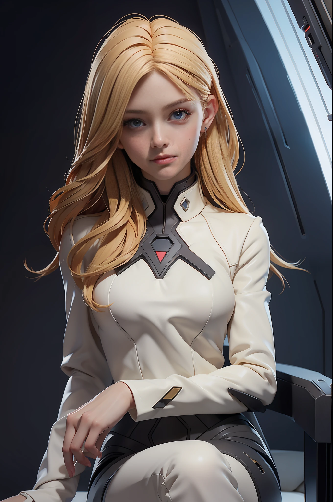 portrait picture Unreal Engine 5 8K UHD of beautiful female, blonde hair, black tight Evangelion plug suit, sitting in the ship, beautiful make up, best quality, masterpiece