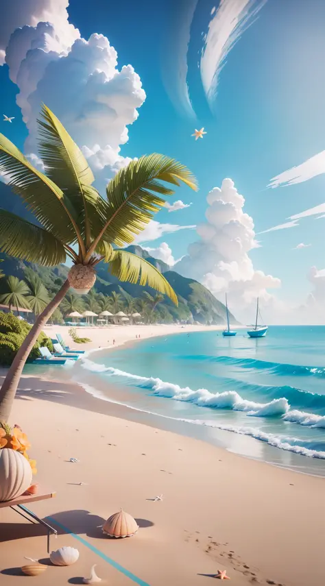Beach chairs, fans, beach ocean, boats, shells, starfish, summer freshness, 3 D rendering stylized, stylized 3d rendering, styli...