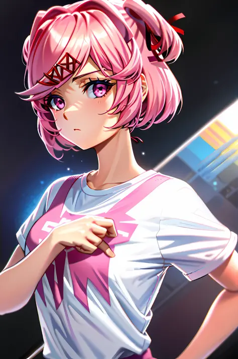 masterpiece, best quality, 1 girl, natsuki, pink eyes, pink hair, two sides up, hair ornament, hair ribbon, white tshirt, facing...