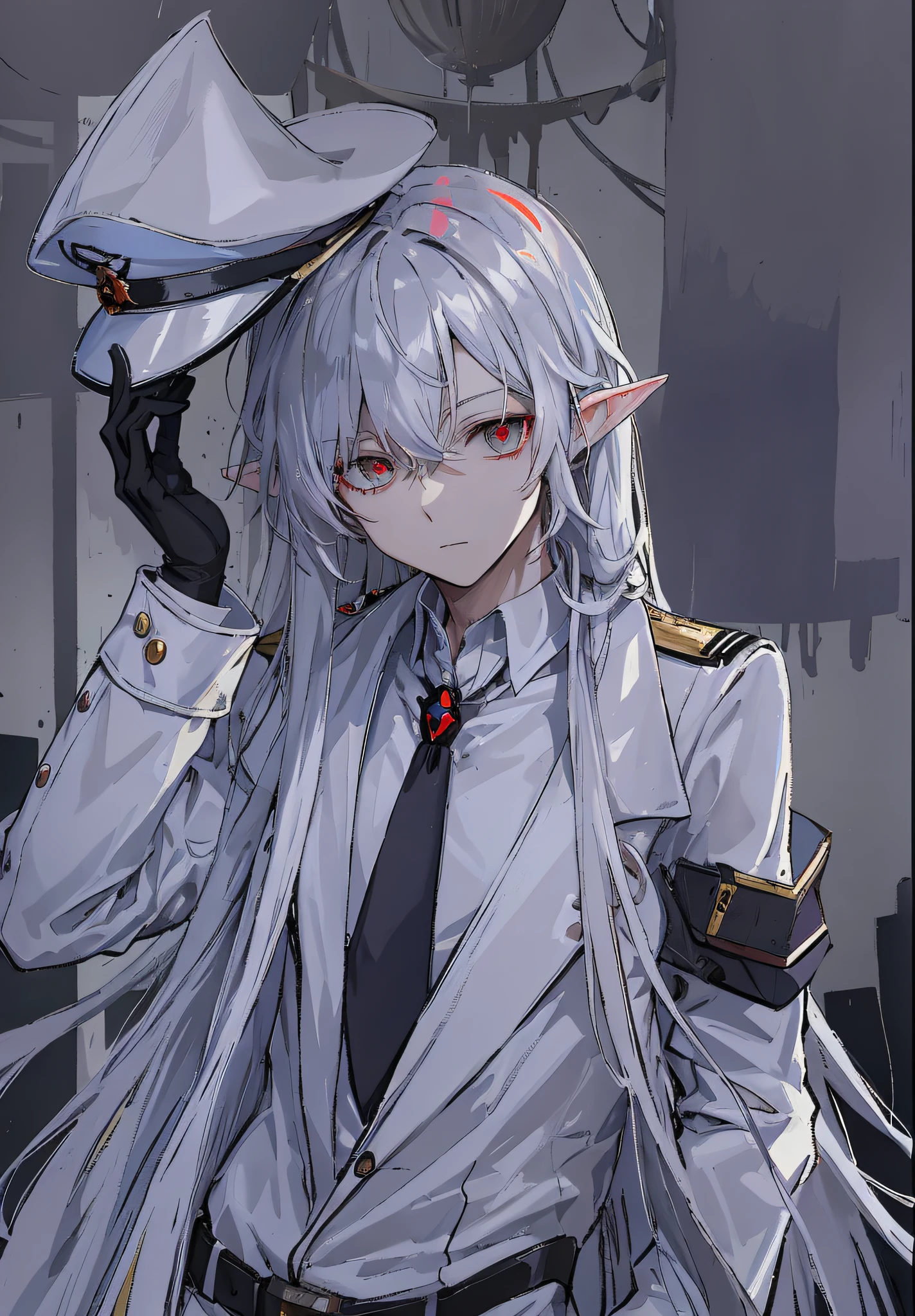 Anime characters with white hair and black gants holding hats, de la Nuit de l&#39;Arche, du côté des filles, Style de collection Kantai, L&#39;art était nul., Dieu aux cheveux blancs, yeux rouges brillants, Boys Front Style, Style de voie azur, Pop sur ArtStation Pixiv, zérochan, Deux queues blanches_gants, Portrait gapmoe Yandere Grim, cheveux gris, l&#39;adolescence, jeunesse, homme,