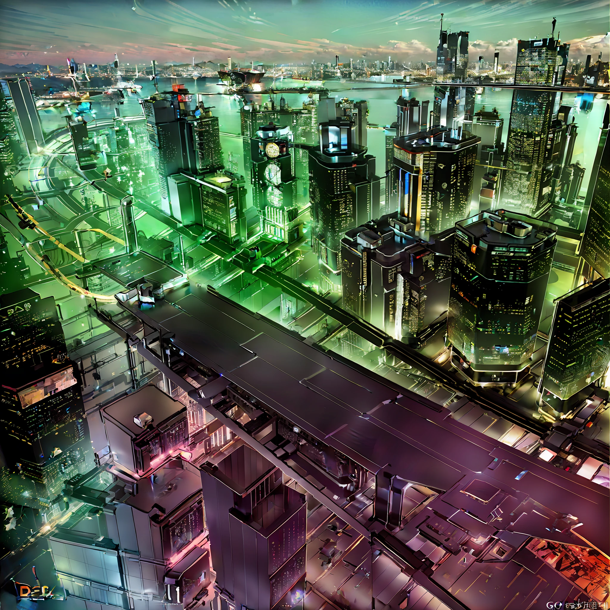 Modern city architecture rendering, to bird's eye view scene, road clear, traffic flow obvious, night view, v5, 3d rendering, 8k --auto --s2