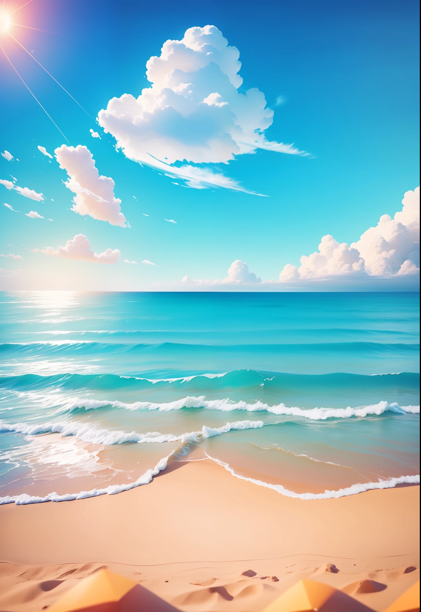 bord de mer l&#39;été, plage, ensoleillé weather, ciel clair, ensoleillé, coloré, joyeuses et joyeuses vacances d&#39;été, image simple, fermer, un soleil radieux, vagues lointaines, impact visuel, Style DreamWorks 3D, La perspective est carrée