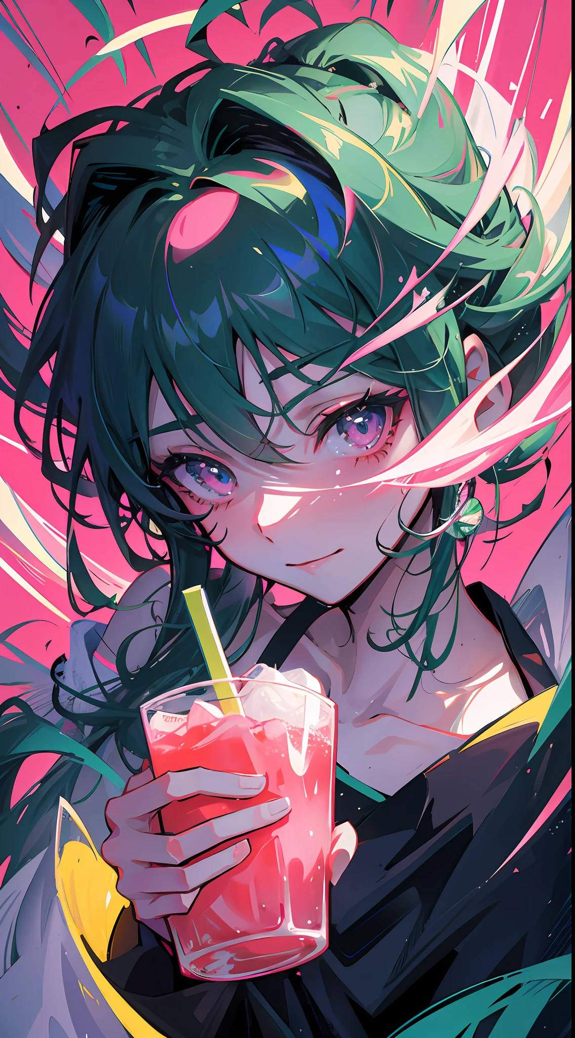 This is a close-up shot showing a female anime character holding a drink. The palette of pink and green is used to create a vibrant yet bleak atmosphere. The drink held by this character is lime-themed with a sharp thrill. The whole picture presents beautiful color art! But there is some hostility and malice in it, and he may have the qualities of a "celery woman", a style common in comics. The entire frame may be in a super vivid color scheme to enhance the visual impact. She has a wavy hairstyle that gives a sense of movement and tension. This style may have come from a Korean artist. Finally, there may be a bloody scene in the picture, adding some tension and drama. Anime girl with green hair holding drink, evil smile, anime style 4 K, anime moe art style, 2 D anime style, detailed digital anime art, high quality anime art style, anime art wallpaper 4k, anime wallpaper 4k, anime girl