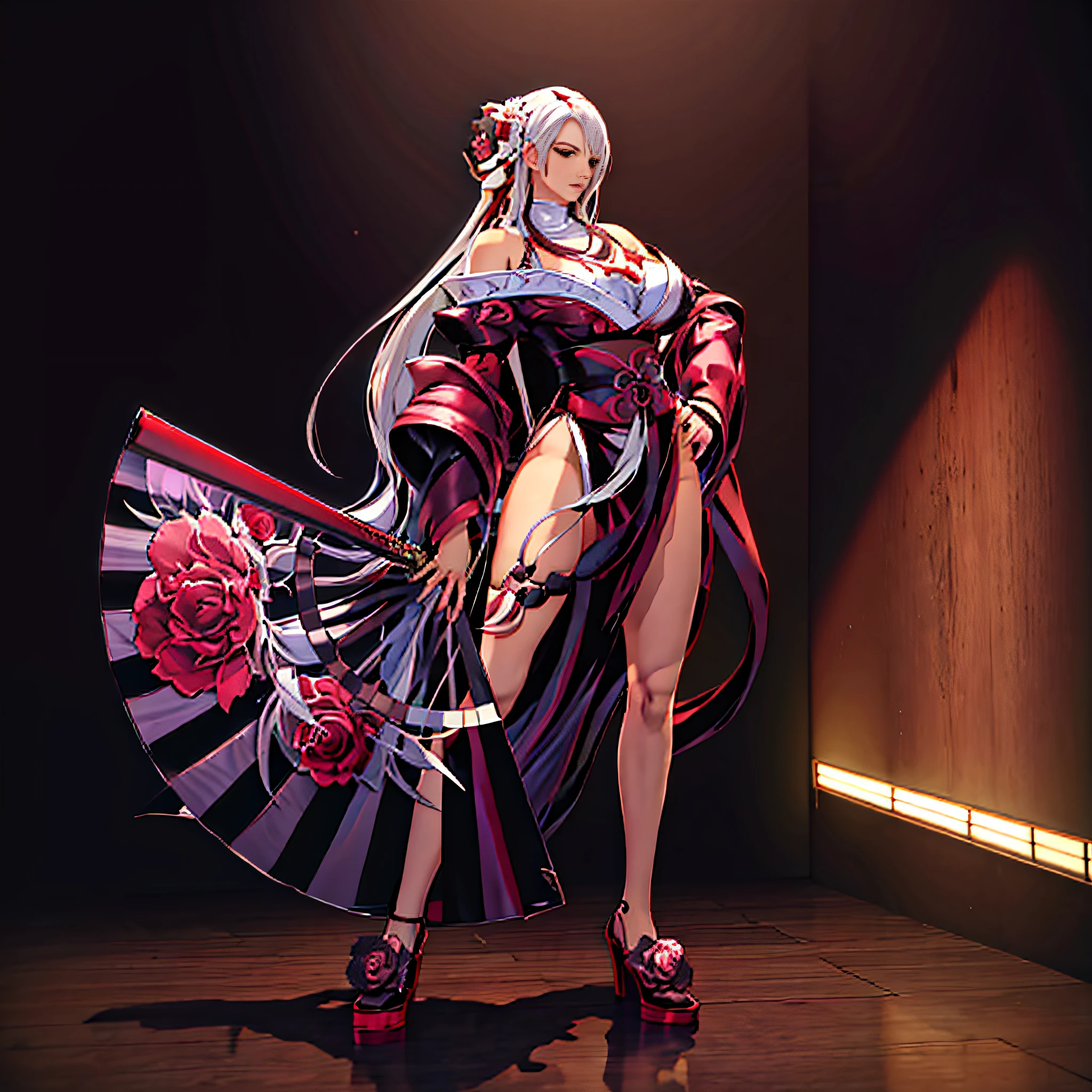 anime girl with a fan and roses in her hand, fighting game character, tifa lockhart with white hair, official character art, katana zero video game character, as a character in tekken, dark sorceress fullbody pose, sexy pudica pose gesture, momoshiki ōtsutsuki, character from king of fighters, official artwork, white haired lady