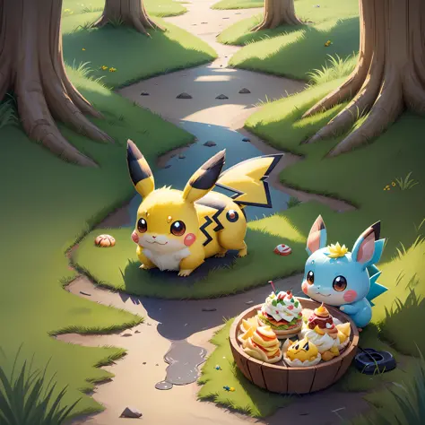 Pokemon Pikachu with sandwiches and drinks on the grass, Pikachu chasing hamburgers, illustration Pokemon, , Bread type Pokemon,...