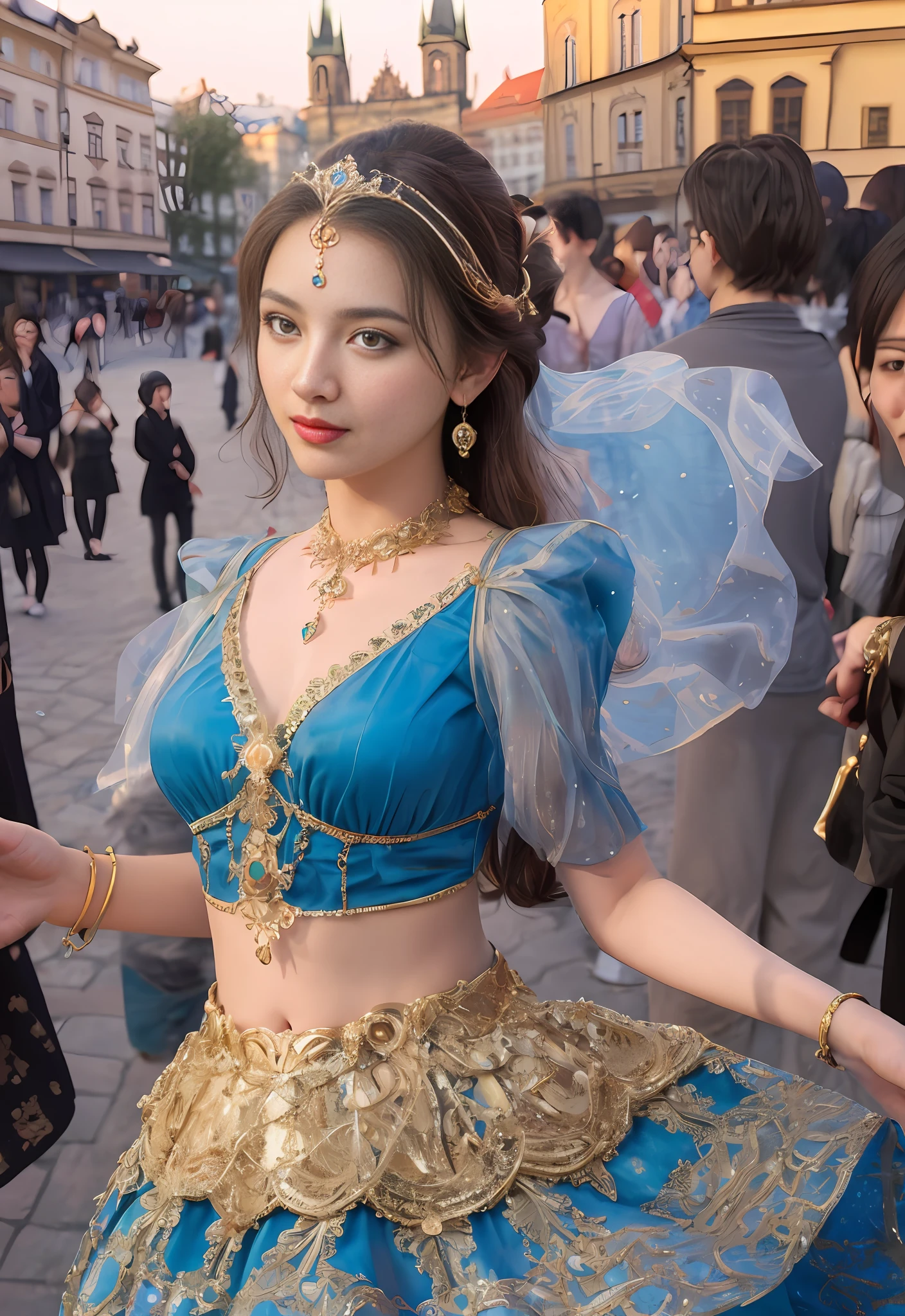(masterpiece, best quality, realistic),
1girl,Prague Old Town Square background, gypsy dress, (princess eyes,shiny pupils),dancing, intricate dress, gold, gypsy person, banquet, crowd, picking up skirt,pale skin,
[slight smile],
