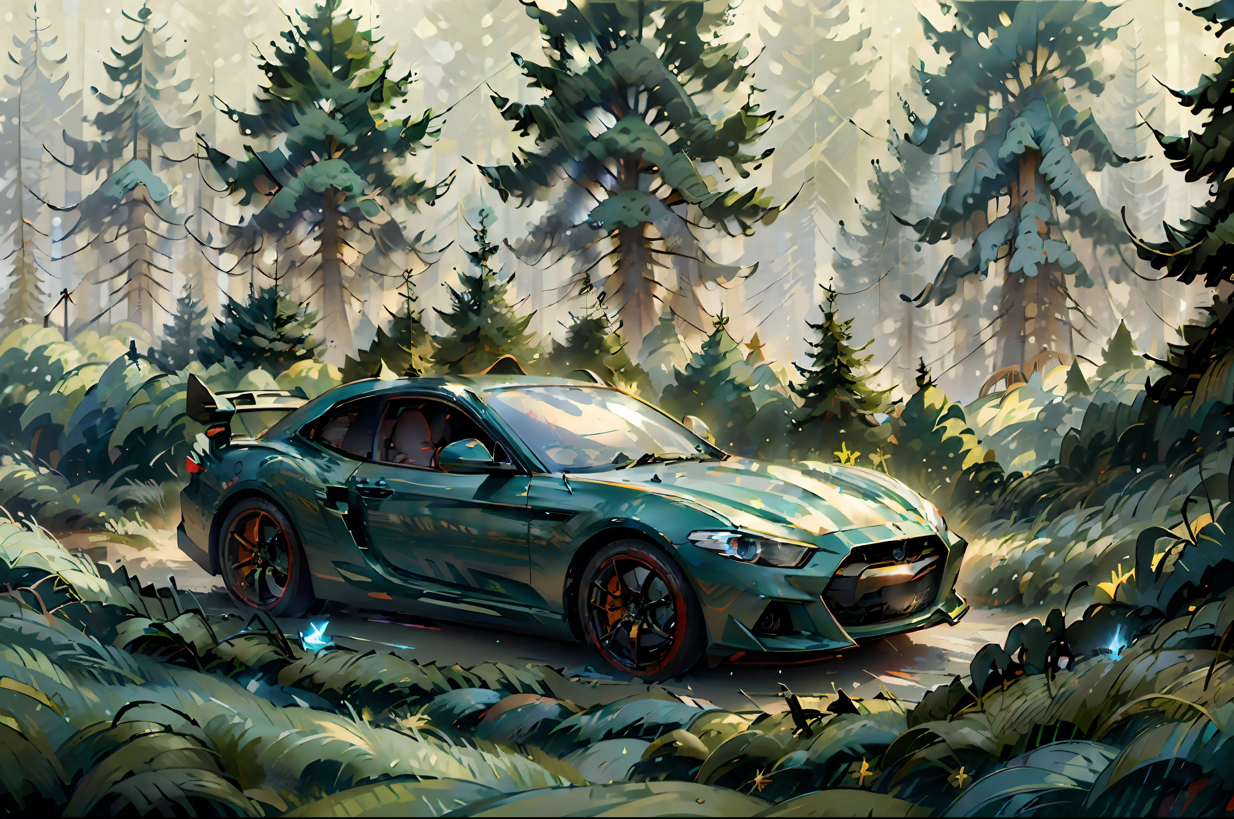 (Modern hi-tech Sport car:1.4), riding on the old road, smoke into the wheels, ((very dynamic scene)), drifting, glowing, wonderful forest on the background, (photorealistic:1.5), (high quality:1.5), (masterpiece:1.5)