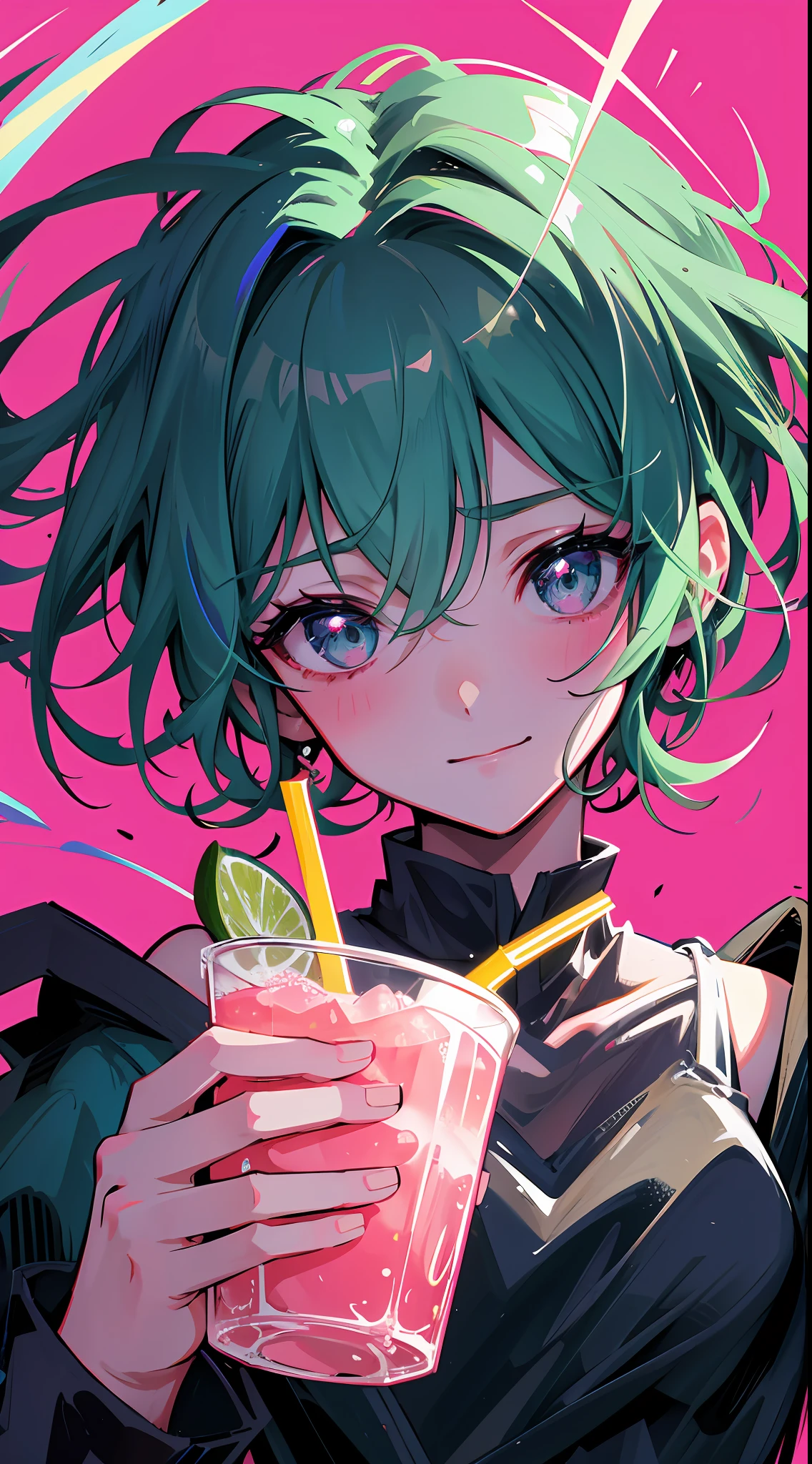 This is a close-up shot showing a female anime character holding a drink. The palette of pink and green is used to create a vibrant yet bleak atmosphere. The drink held by this character is lime-themed with a sharp thrill. The whole picture presents beautiful color art! But there is some hostility and malice in it, and he may have the qualities of a "celery woman", a style common in comics. The entire frame may be in a super vivid color scheme to enhance the visual impact. She has a wavy hairstyle that gives a sense of movement and tension. This style may have come from a Korean artist. Finally, there may be a bloody scene in the picture, adding some tension and drama. Anime girl with green hair holding drink, evil smile, anime style 4 K, anime moe art style, 2 D anime style, detailed digital anime art, high quality anime art style, anime art wallpaper 4k, anime wallpaper 4k, anime girl