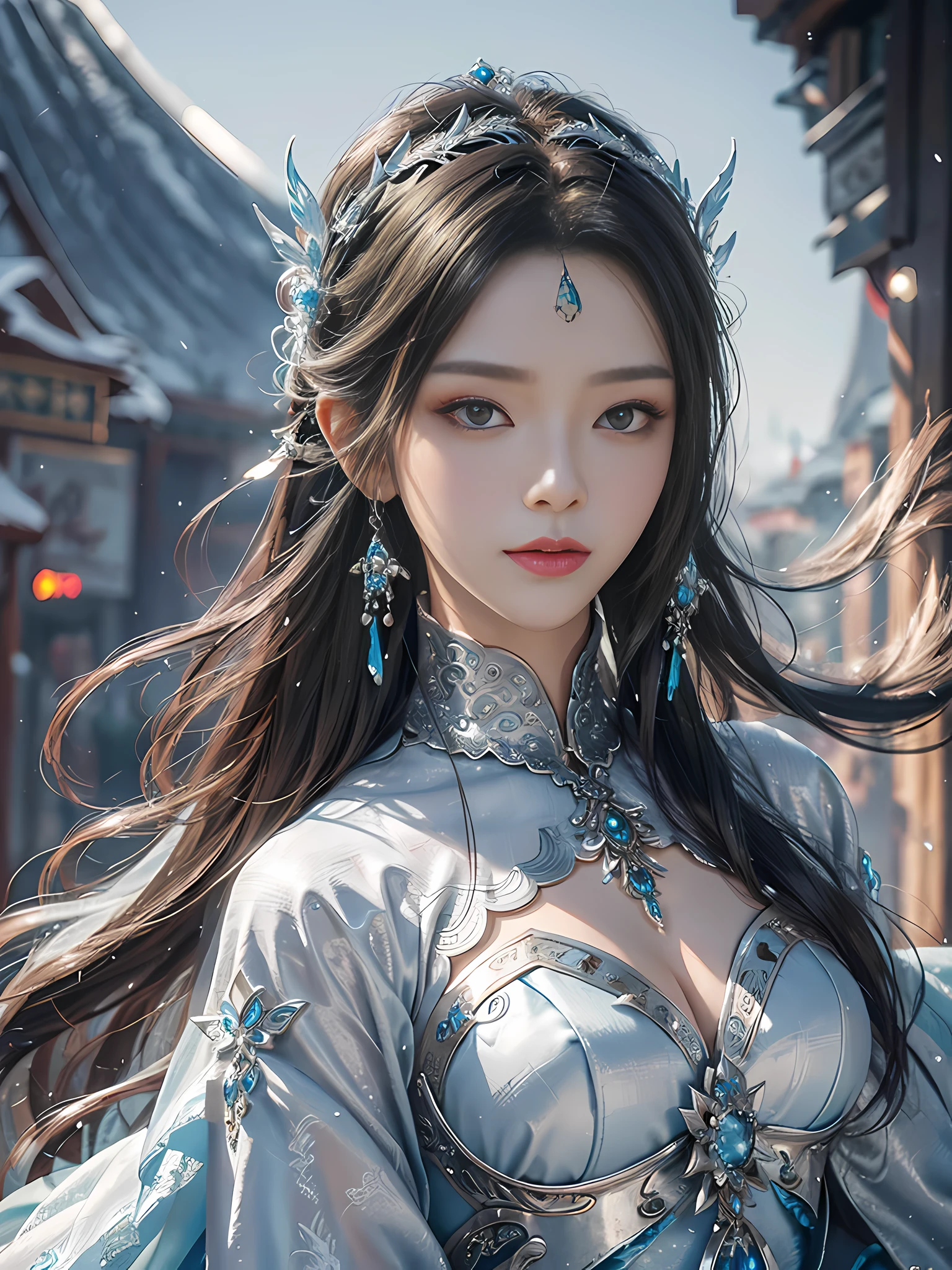 Close-up of a woman in a silver blue dress, Cheng Weipan Art Station, Xiuxian Technology Sense, Ice and Snow Beauty, Gauze Sleeves, Detailed Fantasy Art, Stunning Character Art, Epic Exquisite Character Art, Beautiful Armor, Extremely Detailed Art Sprout, Detailed Digital Animation Art, Art Station Pixiv on Artgerm, Armor Girl, Exquisite Intricate Headdress and Jewelry