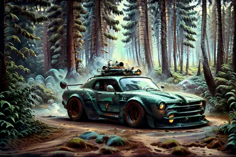 Sport car, riding on the old road, smoke into the wheels, ((very dynamic scene)), drifting, glowing, wonderful forest on the bac...