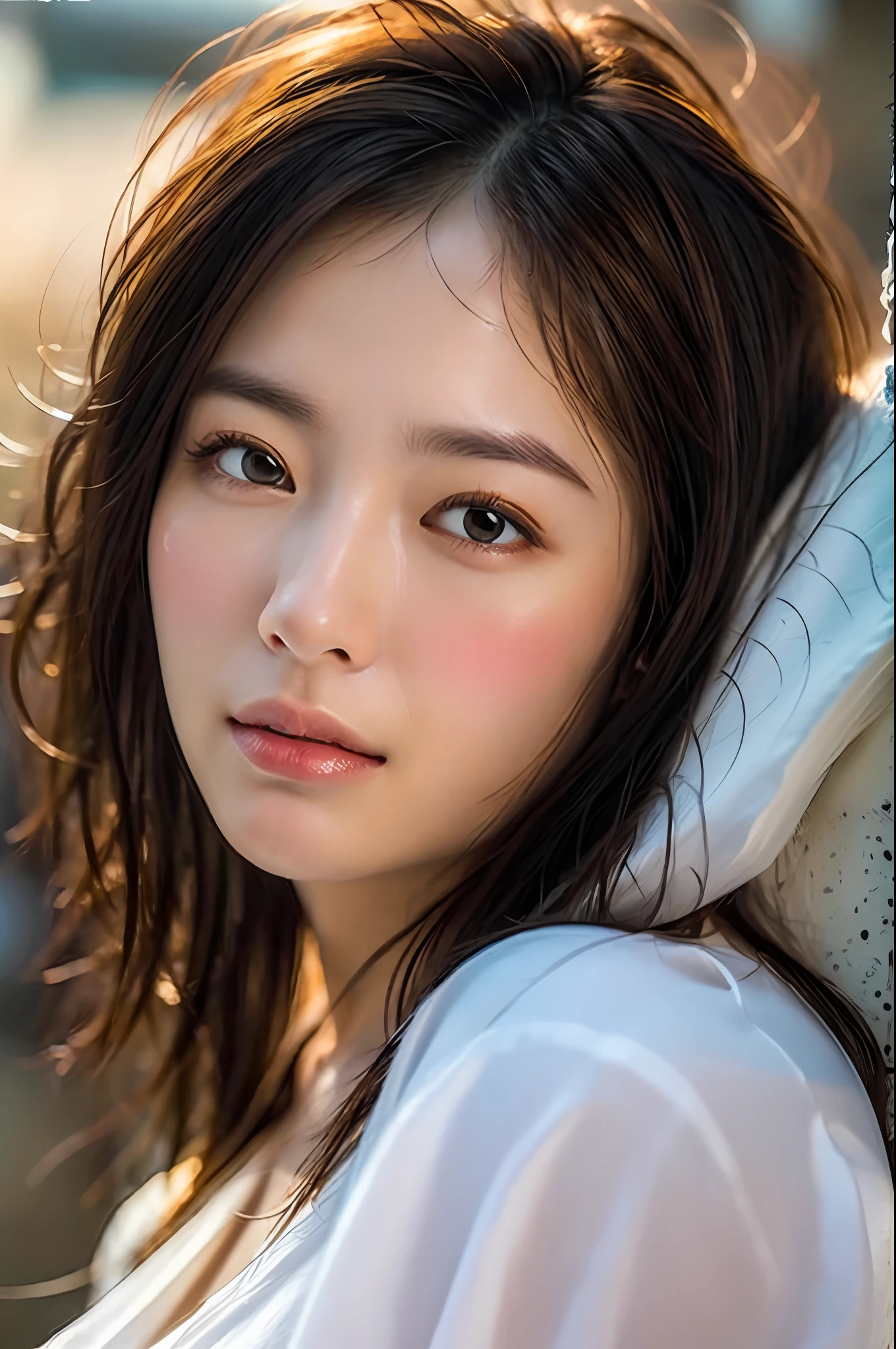 dressed, (photo realistic:1.4), (hyper realistic:1.4), (realistic:1.3),
(smoother lighting:1.05), (increase cinematic lighting quality:0.9), 32K,
1girl,20yo girl, realistic lighting, backlighting, light on face, ray trace, (brightening light:1.2), (Increase quality:1.4),
(best quality real texture skin:1.4), finely detailed eyes, finely detailed face, finely quality eyes,
(joy, blush), (tired and sleepy and satisfied), face closeup, t-shirts,
(Increase body line mood:1.1), (Increase skin texture beauty:1.1)