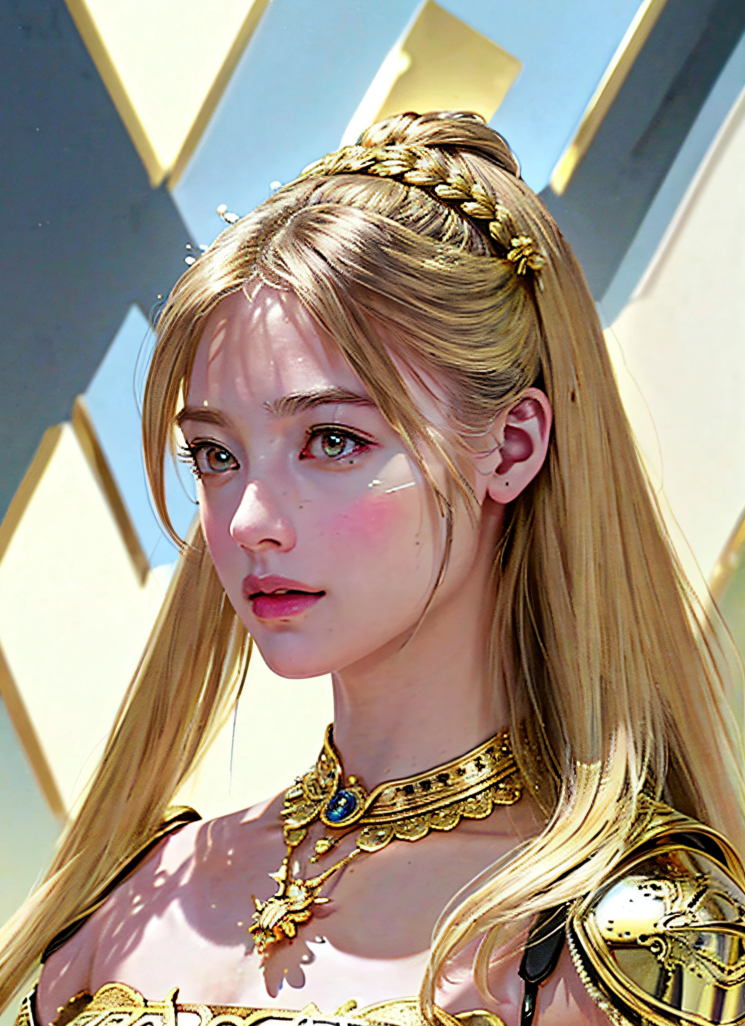 (Realistic, Portrait: 1.3), Complex Details, Colossal, Big, Sexy Swimsuit, (Surreal), (Illustration), (High Resolution), (8K), (Very Detailed), (Best Illustration), (Beautiful Detailed Eyes), (Best Quality), (Ultra Detailed), Intricate Detail Jewelry (Detailed Women's Armor: 1.3), (Gorgeous Gold Armor: 1.2), 1 Girl, Solo, Long Hair, Wind, Gorgeous Face, Top quality, masterpiece, maximum detail, diffused lighting, (blonde: 1.3), Valhalla Valkyrie, mechanical arm,