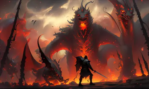 demonic creature with sword and armor in front of a fire, battle with dragon, the devil in hell as a dragon, dungeon and dragons art, epic fantasy artwork, fighting a dragon, colossal dragon in background, epic fantasy game art, epic fantasy illustration, ...