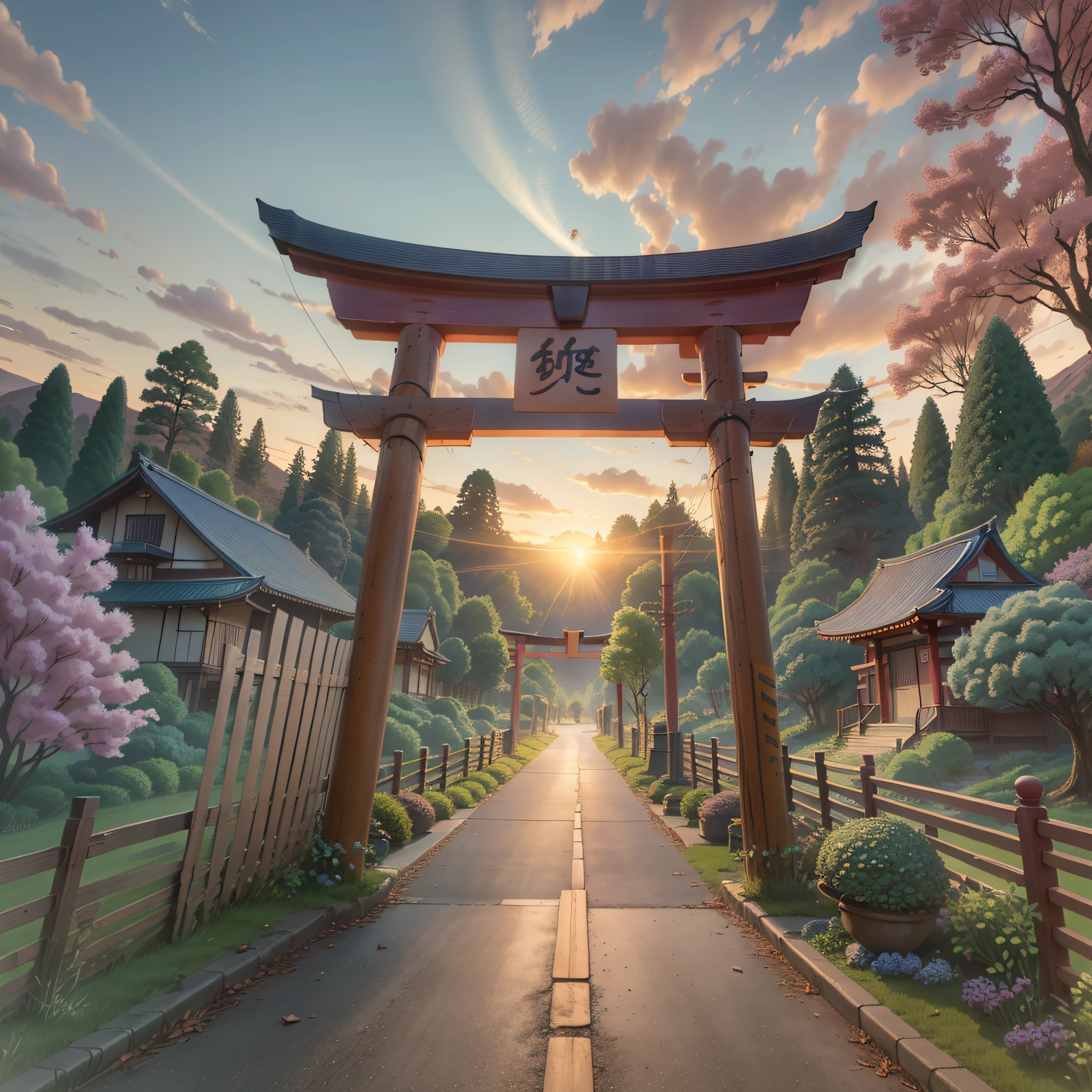 Anime scene of torii gate with sunset as background, torii with trees, Japanese torii in the hills, anime village landscape, anime beautiful peace scene, inspired by torii Kiyomoto, center torii gate, anime landscape wallpaper, anime background art, anime background, beautiful anime scenery, beautiful anime scene, saku, visual shock, top quality, best quality, best quality, best light and shadow detail, best architectural detail, movie quality, picture quality, picture story