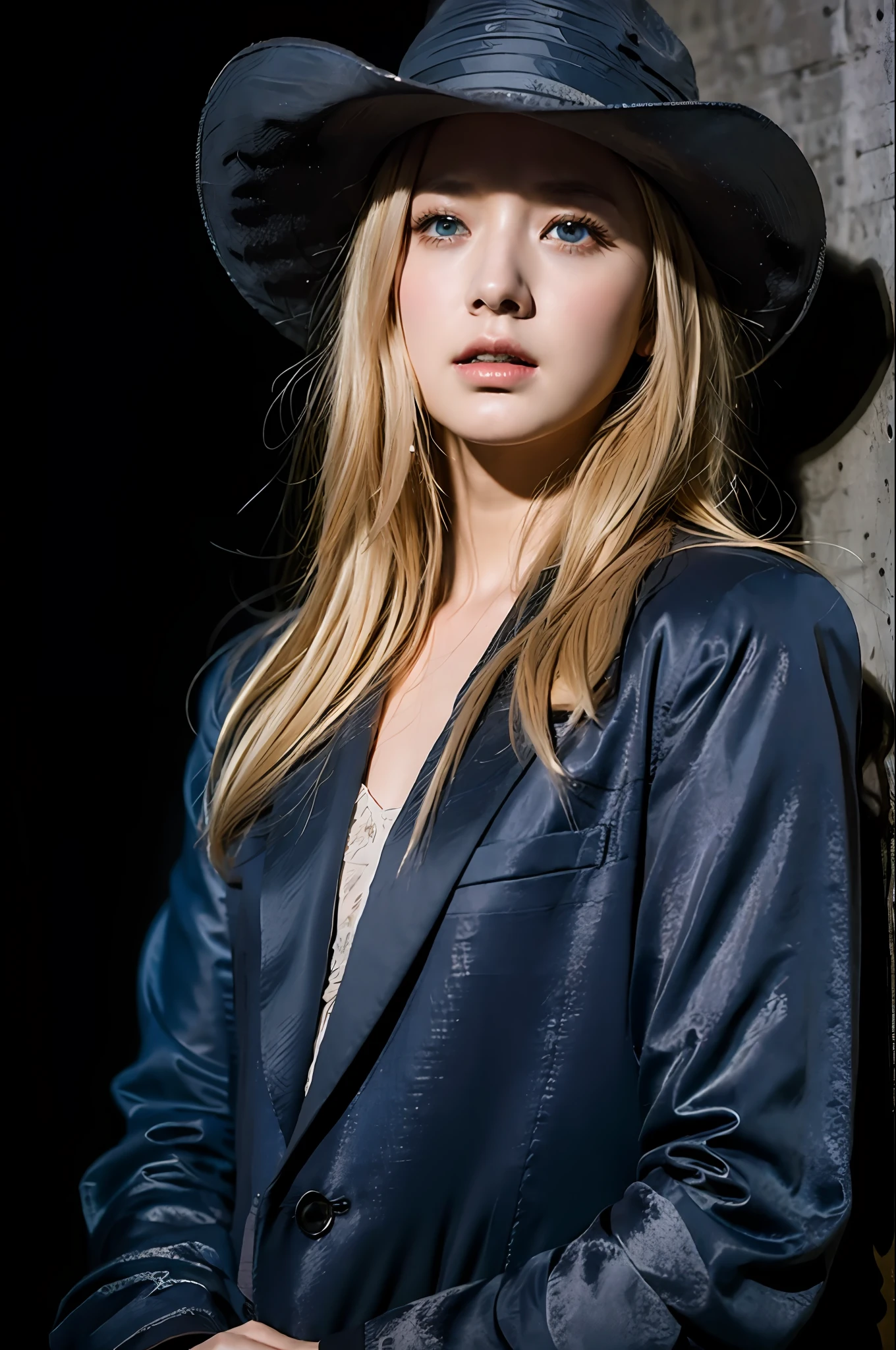 Best quality, masterpiece, ultra high res, (photorealistic:1.4), raw photo, 1girl, blonde hair, blue eyes,  detailed eyes and face, black suit, dynamic lighting, in the dark, deep shadow, low key, cowboy shot full-lenght body