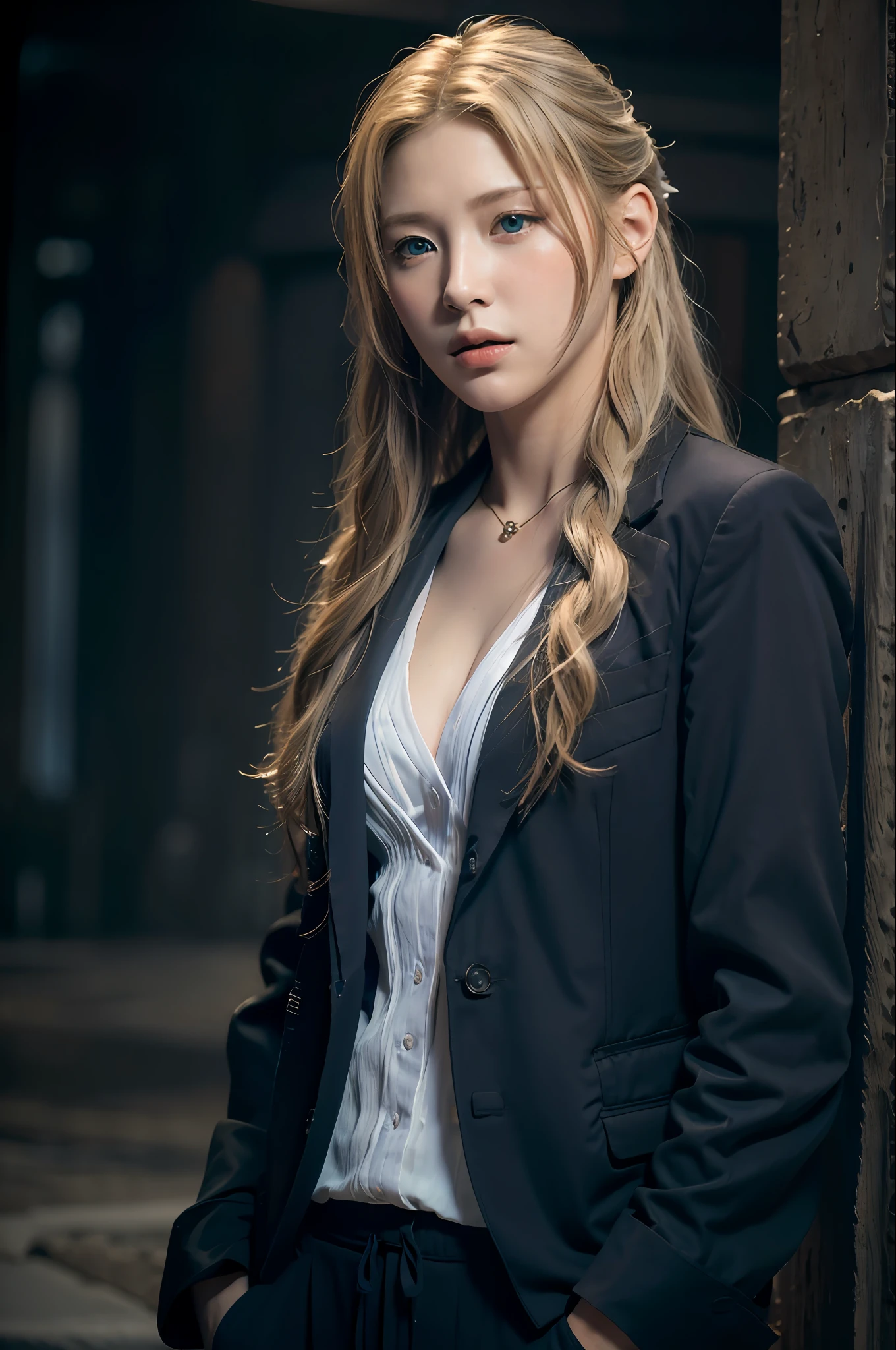 Best quality, masterpiece, ultra high res, (photorealistic:1.4), raw photo, 1girl, blonde hair, blue eyes,  detailed eyes and face, black suit, dynamic lighting, in the dark, deep shadow, low key, cowboy shot full-lenght body