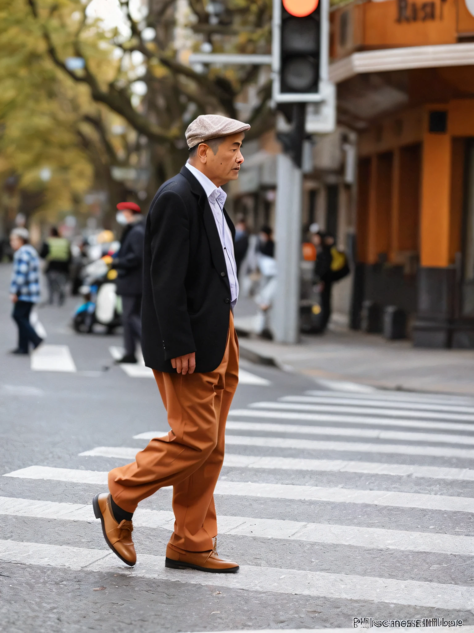 arafed man walking across a crosswalk in a city, man walking through city, man walking, on the street, on the street, standing on street corner, walking on the street, street photography style, dressed in 1970s menswear, brown pants, standing on the street, dressed with long fluent clothes, standing in street, standing in the street