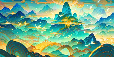an image of an asian landscape with mountains and birds in the air, in the style of fantastical otherworldly visions, light cyan and gold, intricately mapped worlds, hyperrealistic illustrations, romanticized cityscapes, detailed character illustrations, o...