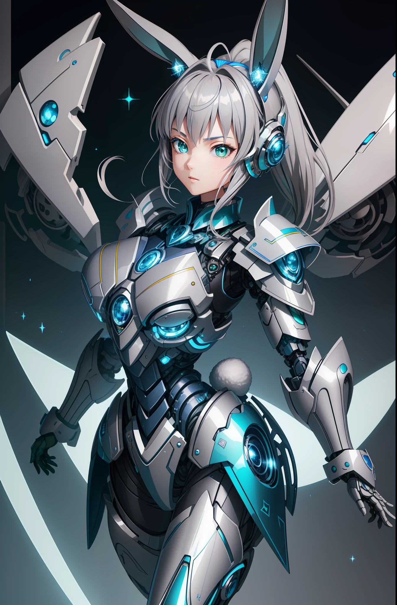 (Super elaborate CG Unity 8K wallpaper, masterpiece, highest quality): (Dynamic Angle, Solo, 1 Girl, blue cyborg armor in the style of police uniform, sparkly green eyes, mental antenna resembling rabbit ears, gray hair)