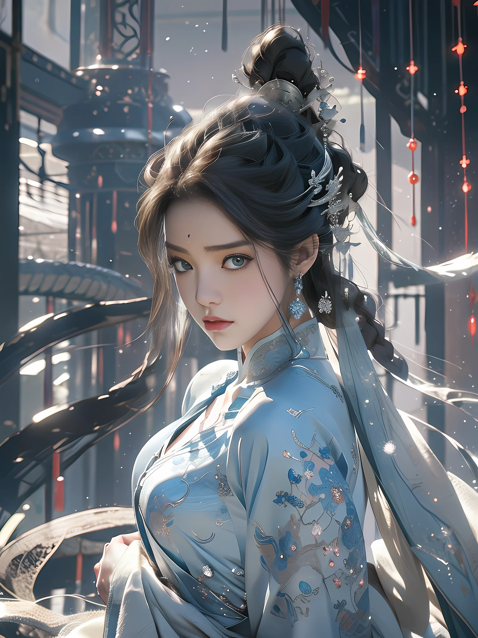 Close-up of a woman in a silver blue dress, Cheng Weipan Art Station, Xiuxian Technology Sense, Ice and Snow Beauty, Gauze Sleeves, Detailed Fantasy Art, Stunning Character Art, Epic Exquisite Character Art, Beautiful Armor, Extremely Detailed Art Sprout, Detailed Digital Animation Art, Art Station Pixiv on Artgerm, Armor Girl, Exquisite Intricate Headdress and Jewelry