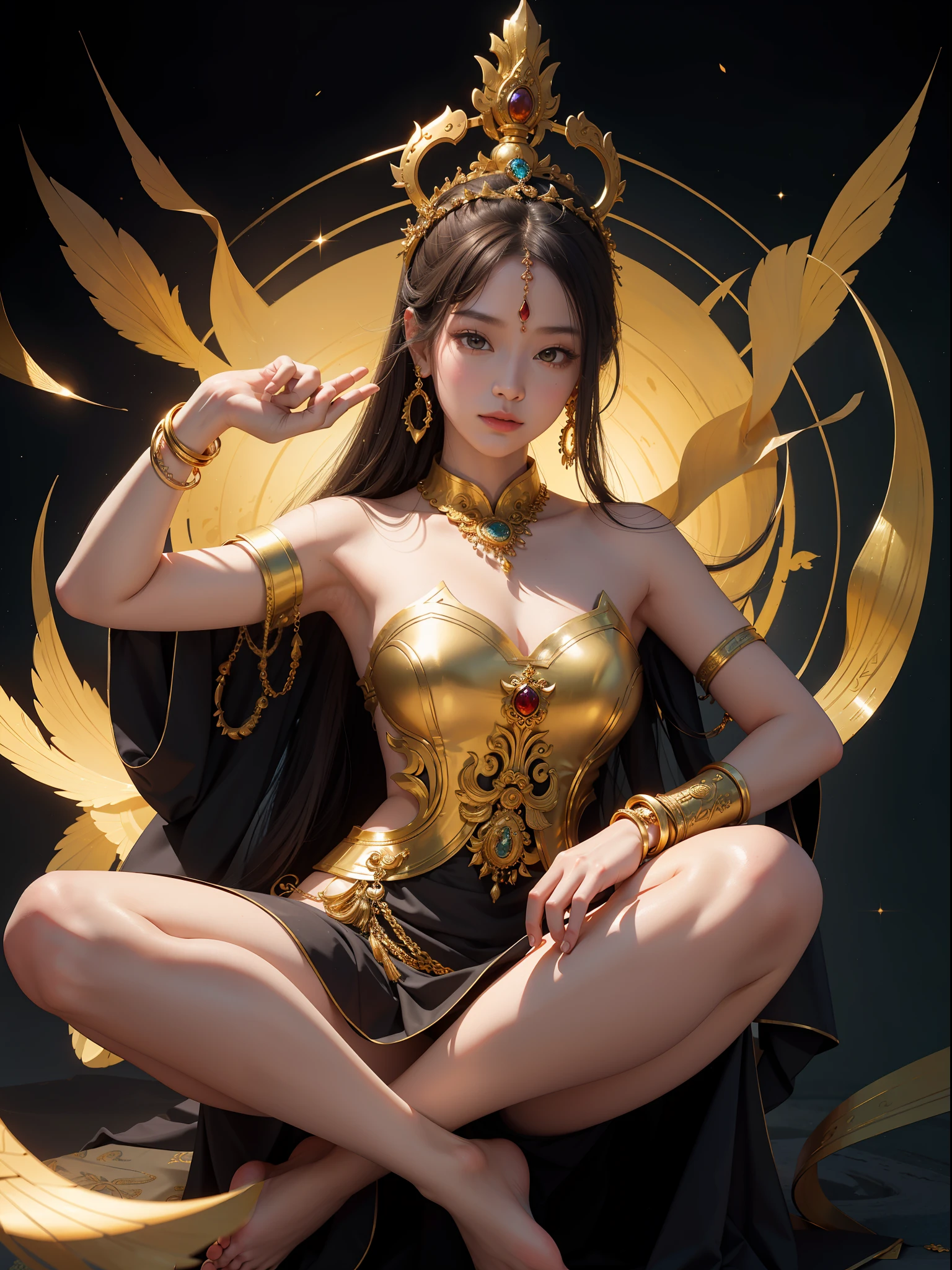 A masterpiece of a Buddhist bodhisattva girl, exquisite jewelry, delicate bracelet, delicate hair ornament, high on the top, aperture on the back, bodhisattva, fairy fluttering, looking up perspective, bare feet, golden bracelet on ankle, ancient Chinese costumes, gorgeous silk, flowing tulle, dazzling background, golden aperture behind, gold  behind, best light, best shadow, movie lighting, mystery, background pure black with ring aperture, ultra high definition, 8k, fair skin, Wolp_ style, duhuang_style, upper body close-up, detailed face, professional classical dance moves, person floating in the air, (sideways: 1.5), 28 years old, 1girl, well-dressed, super long clothes, black hole background, in a temple in Thailand, one leg on the ground, left hand doing Buddha hand on chest, the other raised above the head to do Buddha hand, surrealism, photo, realistic,