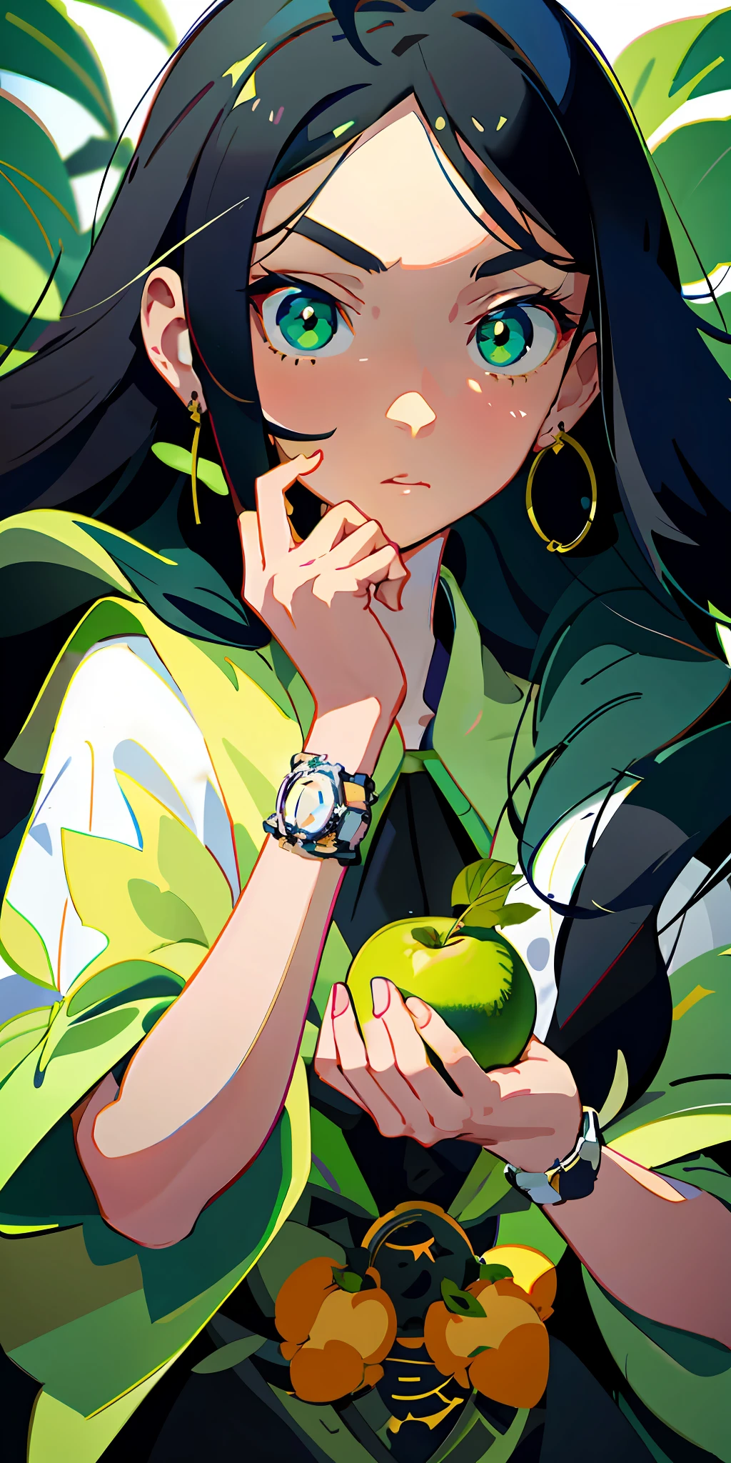 Anime girl with green eyes holding an apple in her hand - SeaArt AI