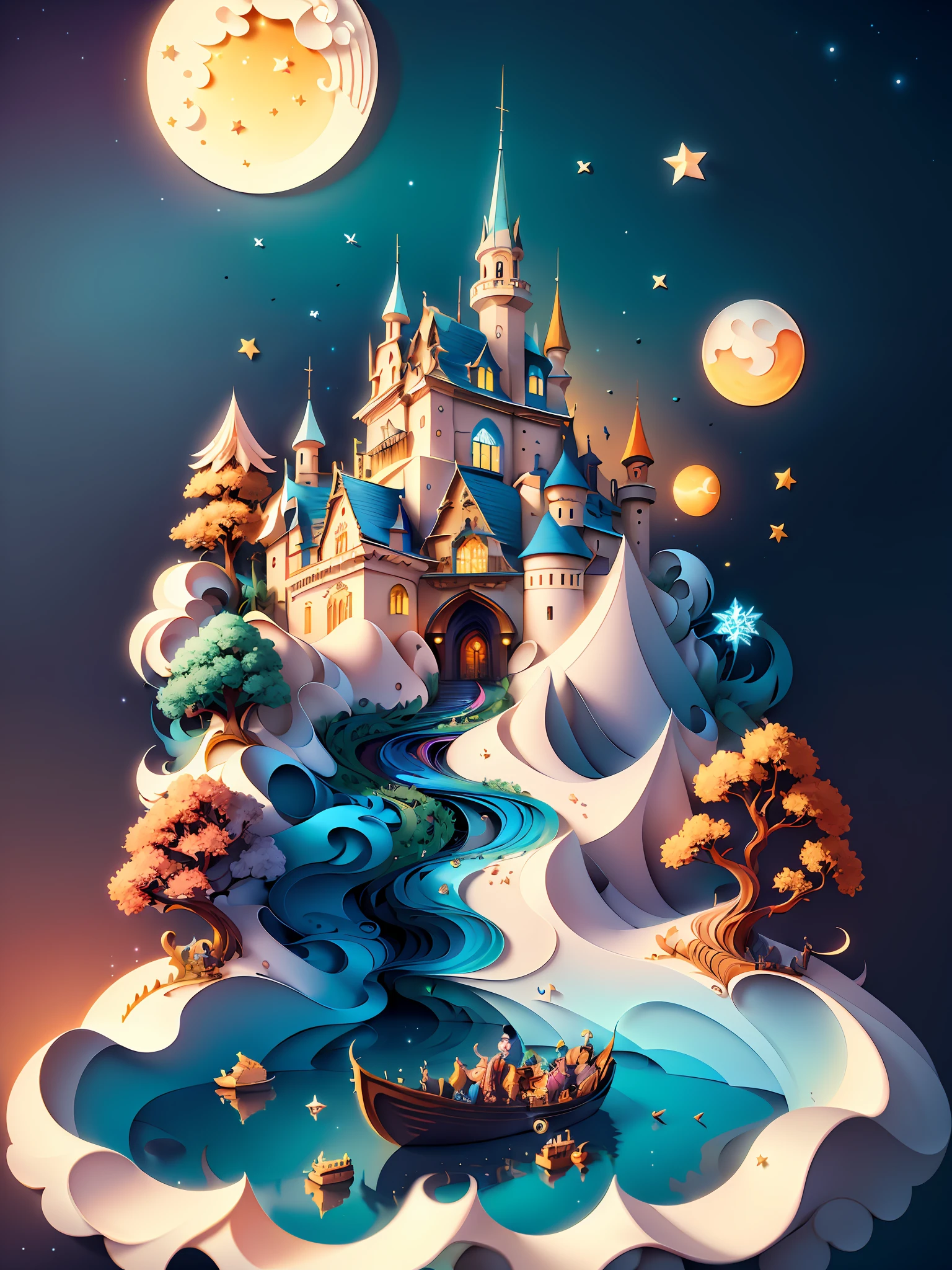 (((masterpiece))),best quality, illustration,  sky, cloud, water, star \(symbol\), tree, no humans, night, bird, moon, building, star \(sky\), night sky, scenery, starry sky, watercraft, castle, ship, waves, tower, boat. vibrant color scheme, Soft light,(warm color:1.2),Water color painting, light background, best quality exquisite details,3d rendering,Octane render, pastel, paper_cut