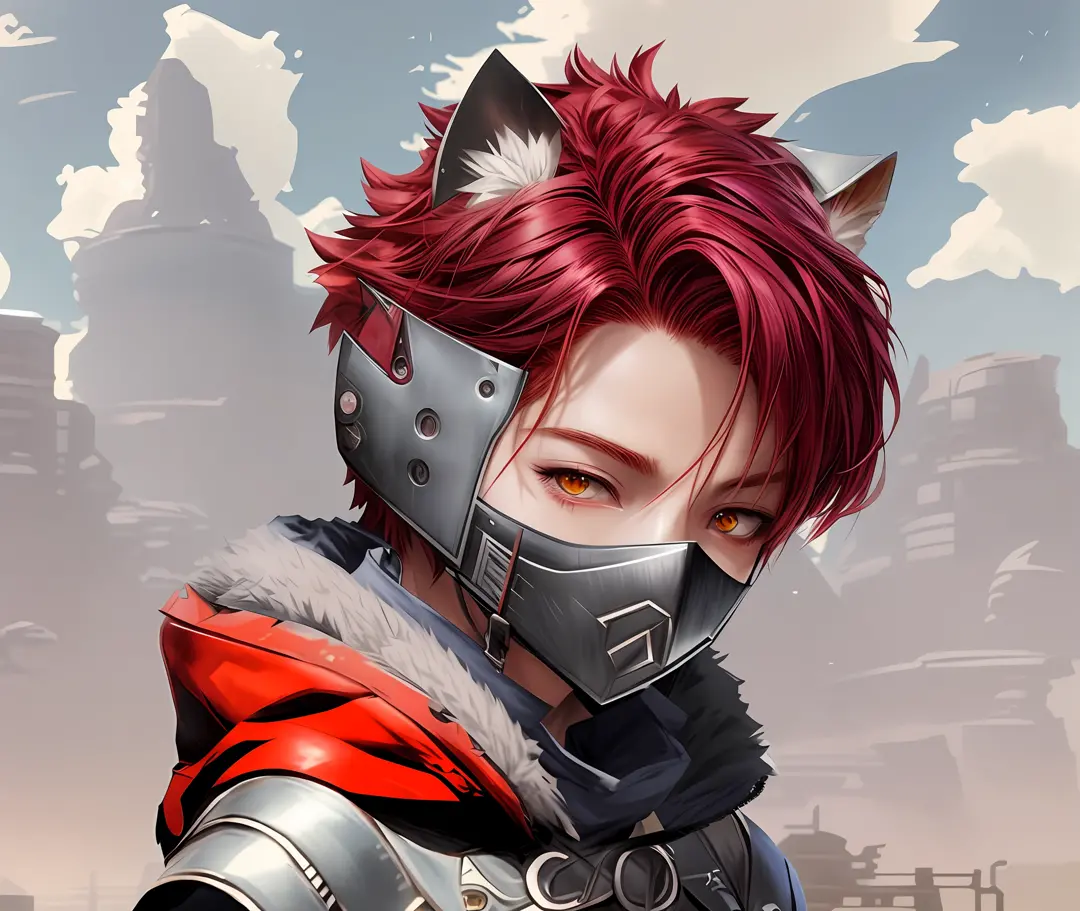 style image of a man with red hair wearing a mask, Guweiz style art, digital anime illustration, badass 8k anime, detailed digital anime art, 2. 5 D CGI anime fantasy art, 8K high quality detailed art, g liulian art style, epic fantasy digital art style, g...