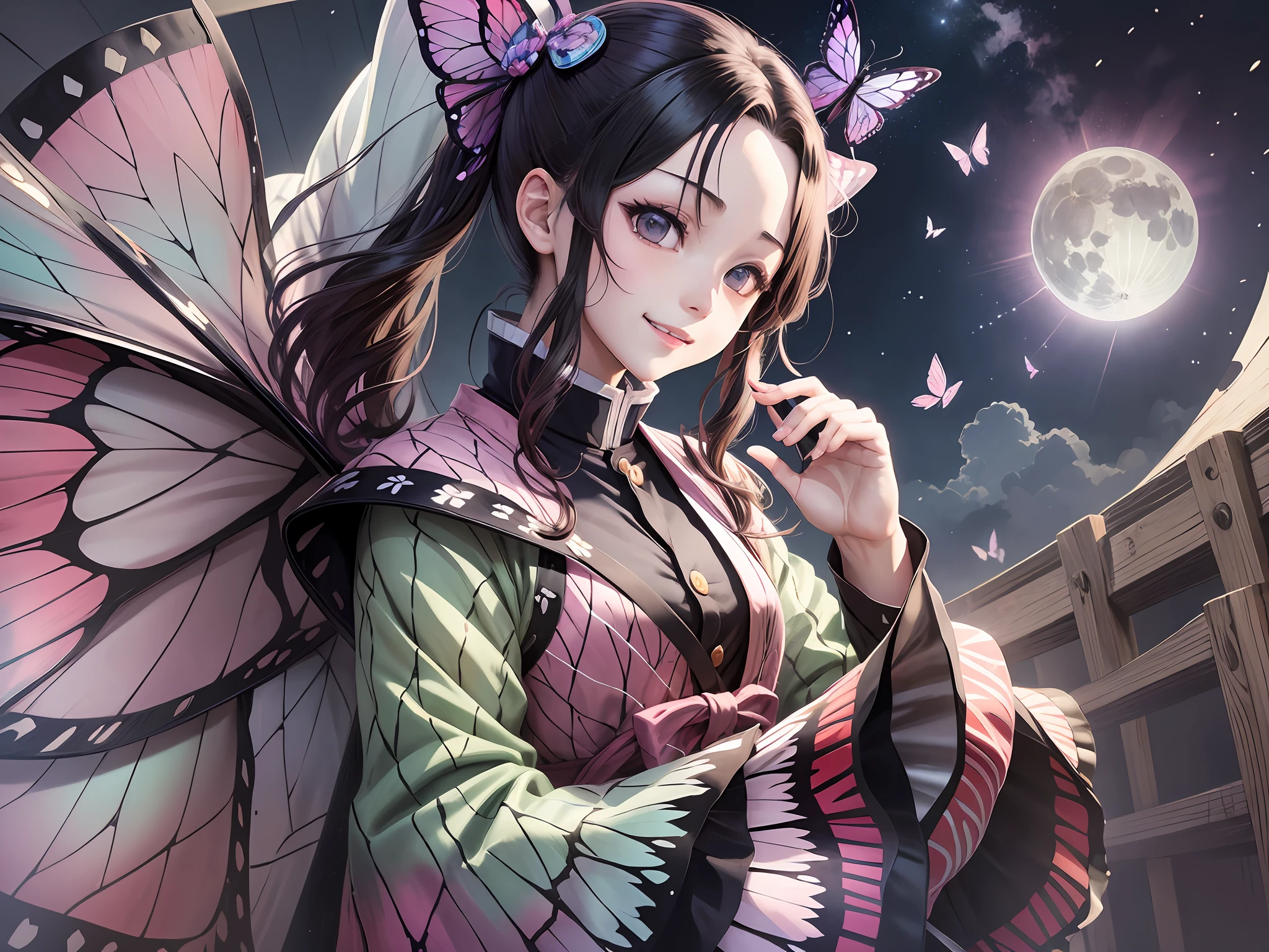 shinobu, Kimetsu no Yaiba manga, 1 girl, smile gently, play with butterflies, dynamic angle shot, ultra detailed, ((hyper realistic)), glittering, moon light, RAW photo,