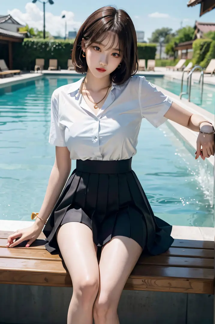Korean school uniform, school uniform shirt, ribbon, skirt, bright brown hair, school poolside, poolside bench, 8K RAW photo, hi...