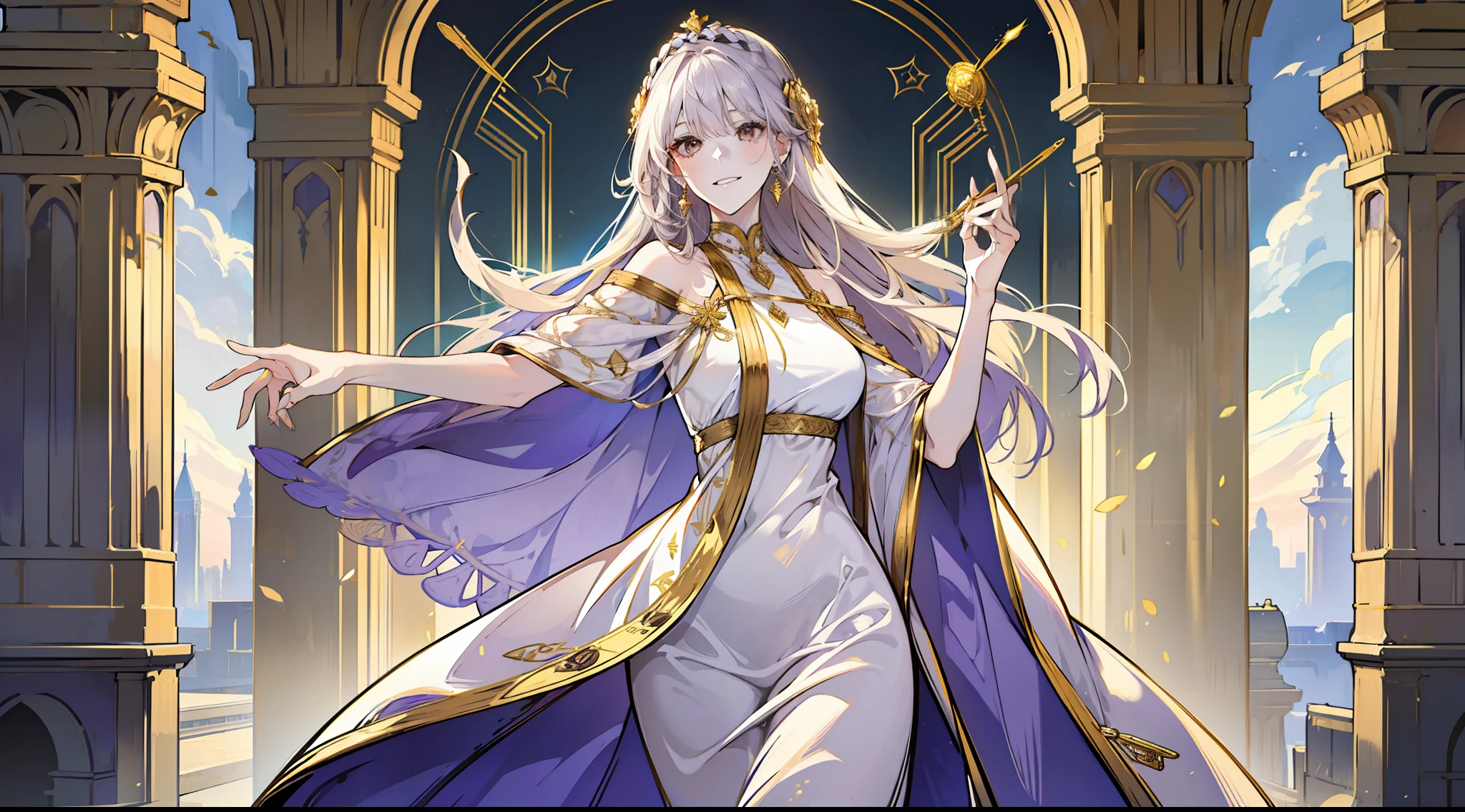 (absurd, high resolution), (panorama), full-body, a woman, mature, beautiful, tall, queen's dress, lilac complex dress, exquisite, brown eyes, pale blonde hair, silver crown on his head, smiling, in the palace, golden splendor, magical, holding a long golden delicate wand, streamers surrounding