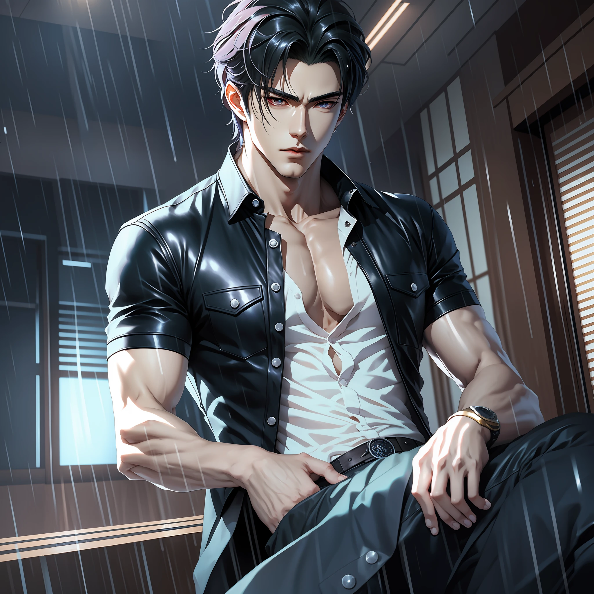 Anime guy in leather jacket sitting in the rain - SeaArt AI