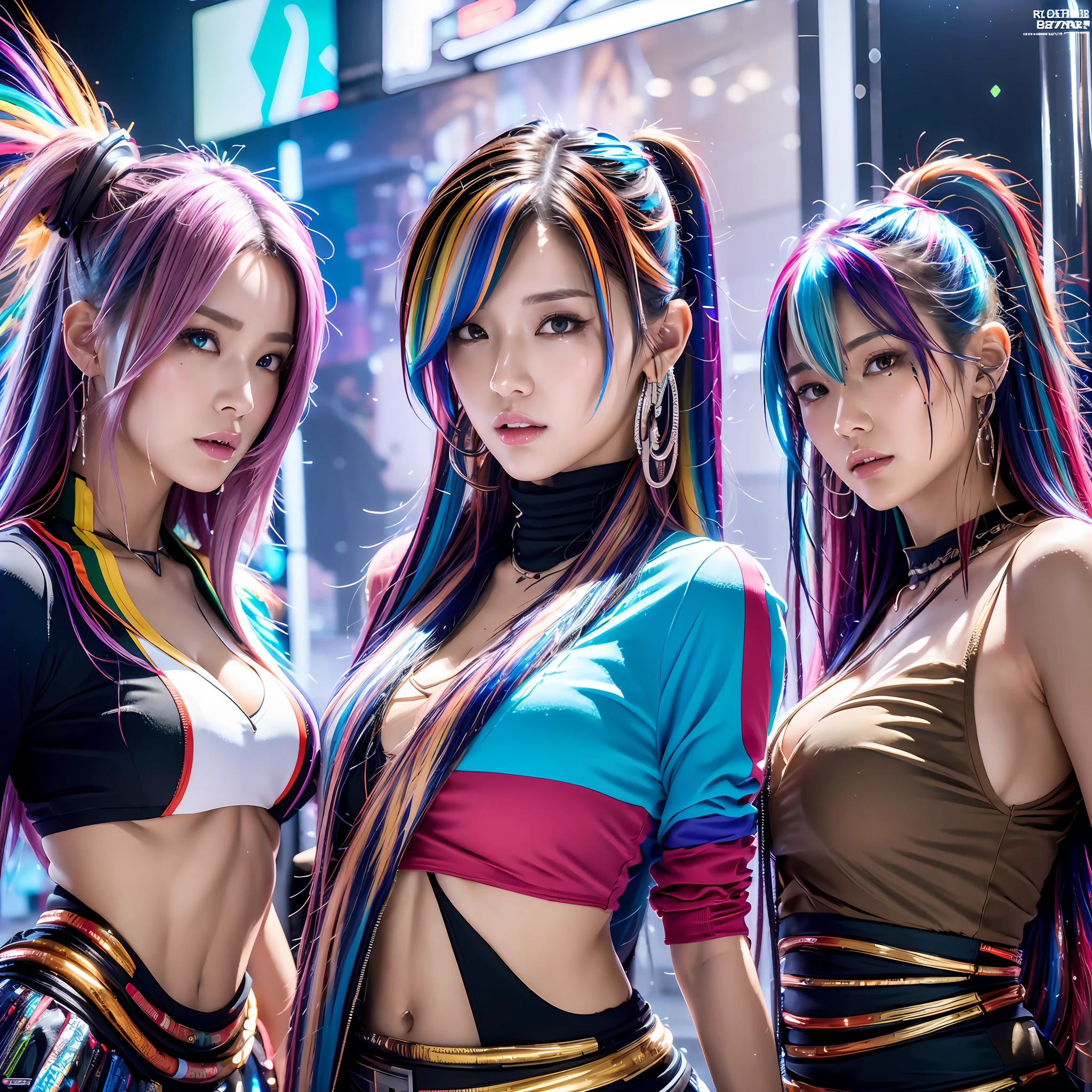 16k, HDR, RTX, trazado de rayos, mejor calidad, Obra maestra, calidad ultra alta, 3 chicas, anime protagonist, Alto, maduro, Frío, tenso, elegante traje cyberpunk, cabello multicolor, goteo heroico, estético, Asombroso, Frío, hermoso, mesmerizing, seductor, etéreo, multicolor, caras muy detalladas