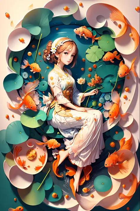 ((Masterpiece)), Best Quality, Illustration, Beautiful Details Glow, 1 Girl, Solo, Full Body, Colorful, White Cloth, (Water), Lotus, (Goldfish), Unified 8k Wallpaper, Detailed, Beautiful and Aesthetic, Very Detailed
