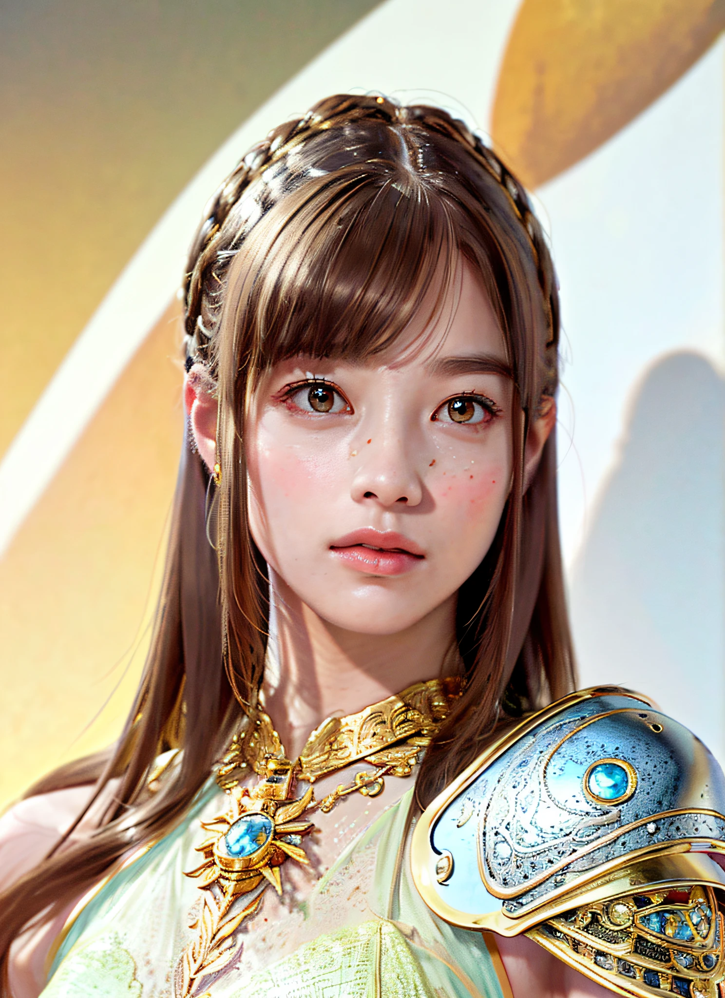 (Realistic, Portrait: 1.3), Intricate Details, Big, Sexy Swimsuit, (Surreal), (Illustration), (High Resolution), (8K), (Very Detailed), (Best Illustration), (Beautiful Detailed Eyes), (Best Quality), (Ultra Detailed), Intricate Detail Gemstones (Detailed Women's Armor: 3.3), (Gorgeous Gold Armor: 1.2), 1 Girl, Solo, Long Hair, Wind, Gorgeous Face, Top quality, masterpiece, maximum detail, diffused lighting, (brown hair: 1.3), Valhalla Valkyrie, mechanical arm,