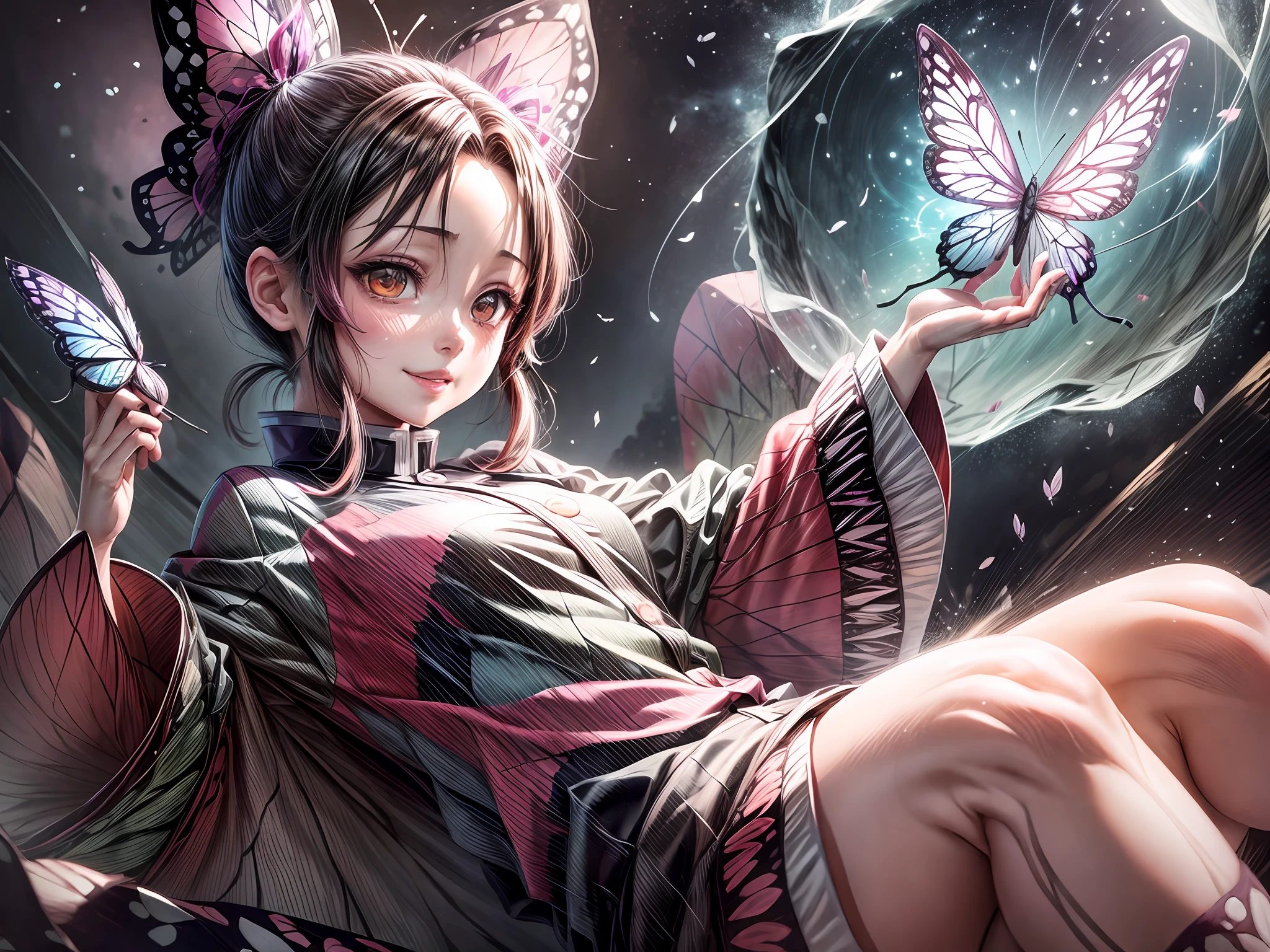 shinobu, Kimetsu no Yaiba manga, 1 chica, sonríe suavemente, Juega con mariposas, tiro en ángulo dinámico, ultra detallado, ((Híper realista)), reluciente, luz de la luna, foto cruda, tiro completo, plano general