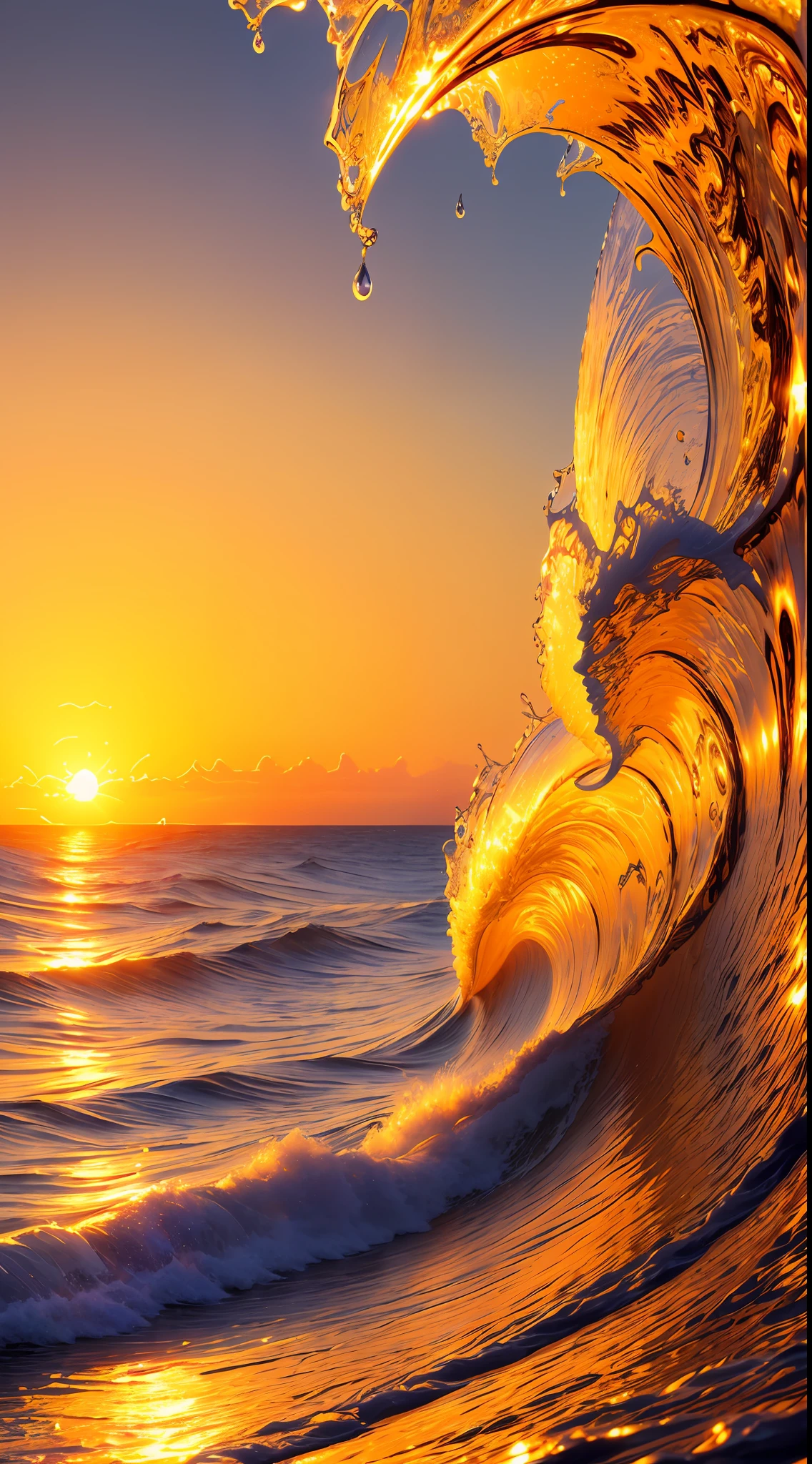 Masterpiece, best quality, (8k very detailed CG unit wallpaper) (best quality), (best illustration), (best shadows) a golden sea wave, bright orange aol sunset through the wave, golden droplets flying, (:1.6)