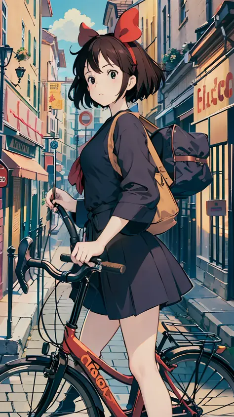 Best image quality, outstanding detail, ultra high resolution, (realism: 1.4), best illustration, prefer details, carrying a big back, bicycle, Kiki posing cute in front of bicycle, background is urban office district, black robe, red ribbon, kiki, gigi, a...