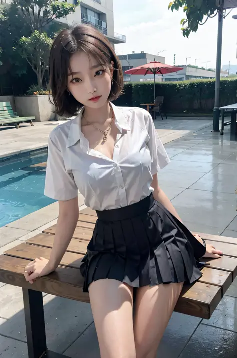 Korean school uniform, school uniform shirt, ribbon, skirt, bright brown hair, school poolside, poolside bench, 8K RAW photo, hi...