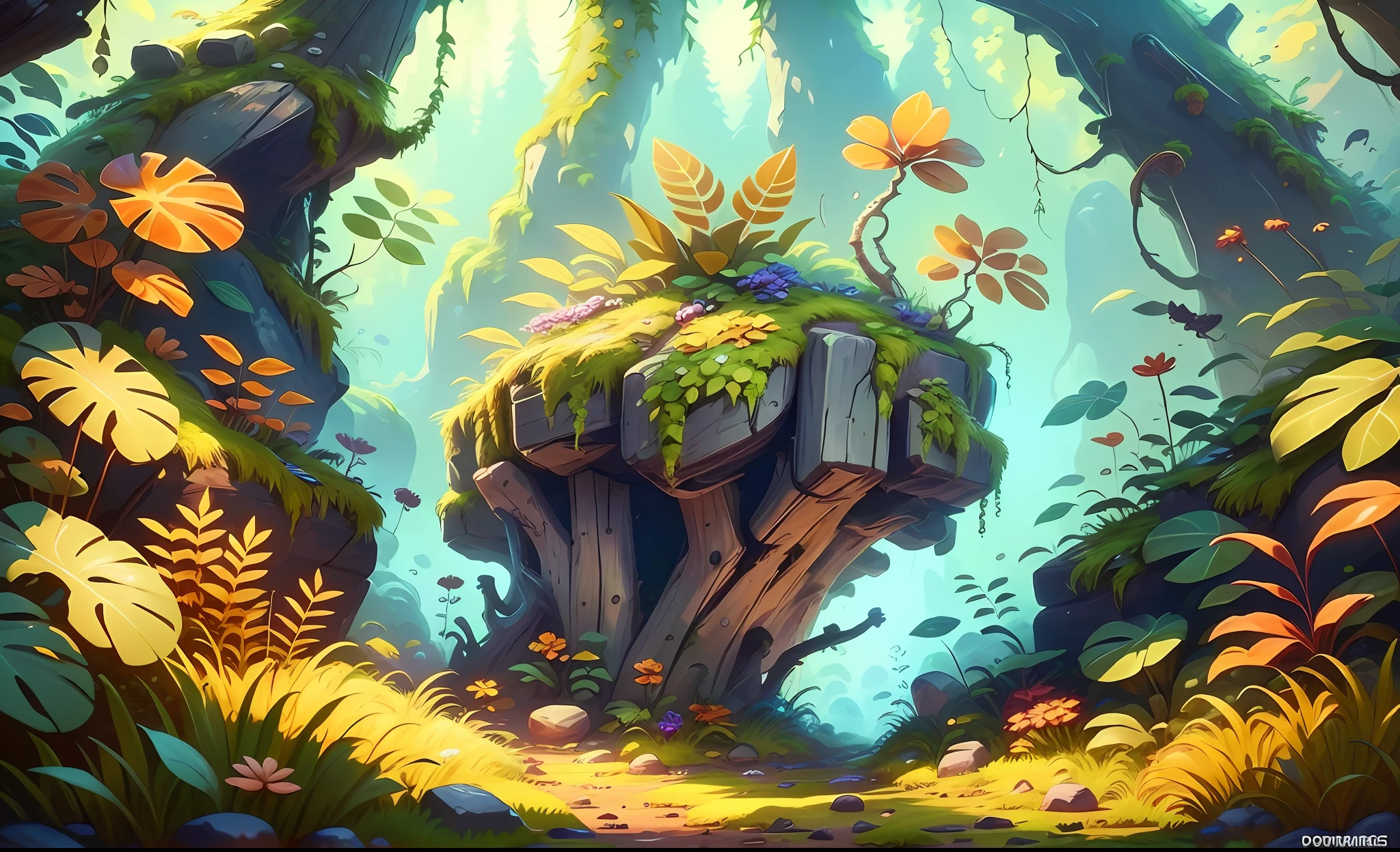 illustration game scene, The Croods, DreamWorks animation, background image of game characters, natural environment, high quality background image with empty ground, wide angle photography, fantasy plants, berries, moss, microscopic perspective, cartoon style, tropical plants, horizontal composition, bright, super high resolution, super high quality, clear detail, forest, game scene map --v6