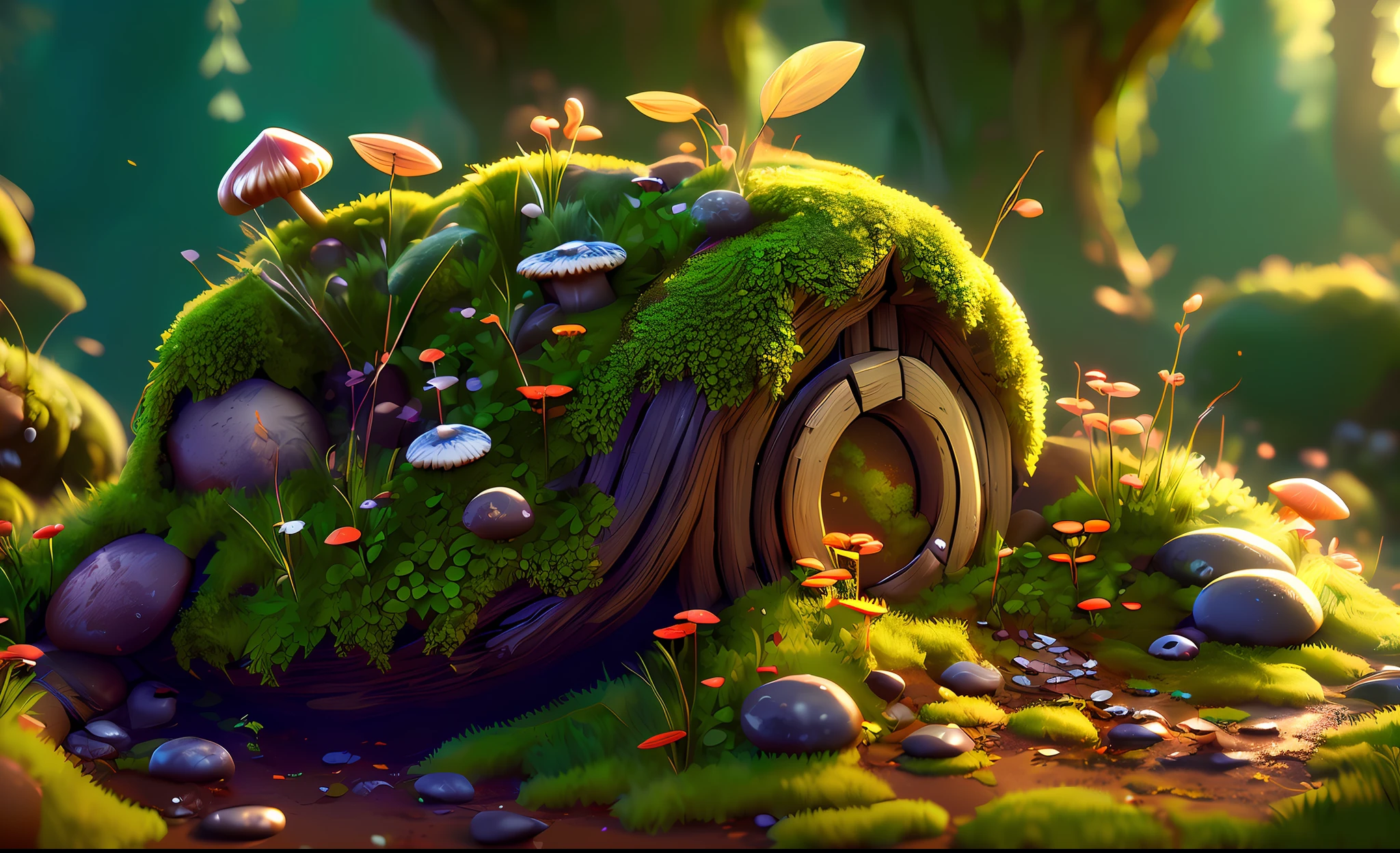 Masterpiece, best quality, (very detailed CG unity 8k wallpaper), (best quality), (best illustration), (best shadow), round radish hut covered with moss, mushrooms, berries, octane rendering, ray tracing, very detailed --v6