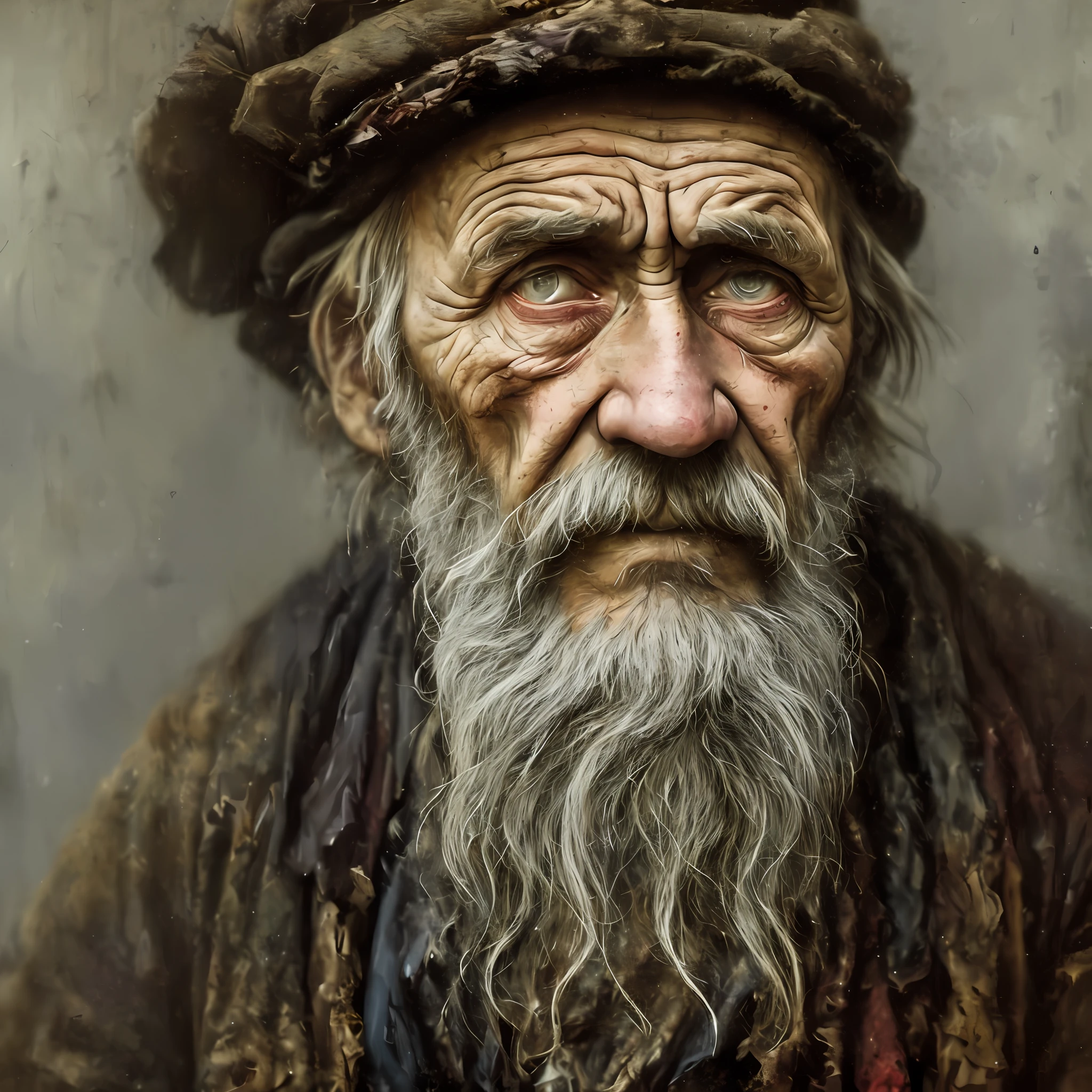 Ein Porträt eines armen russischen Arbeiters in Lumpen aus dem Jahr 1800, ((überwältigende Müdigkeit )), Altersfalten, Konzeptkunst, Ölpastellmalerei , stimmungsvolle graue Farben , grobkörnig, chaotischer StilStil von Alexey Savrasov, Iwan Schischkin, Ilja Repin, (Cel-Shading-Technik:1.2), 2D, (Ölgemälde:1.2) sehr detailliert