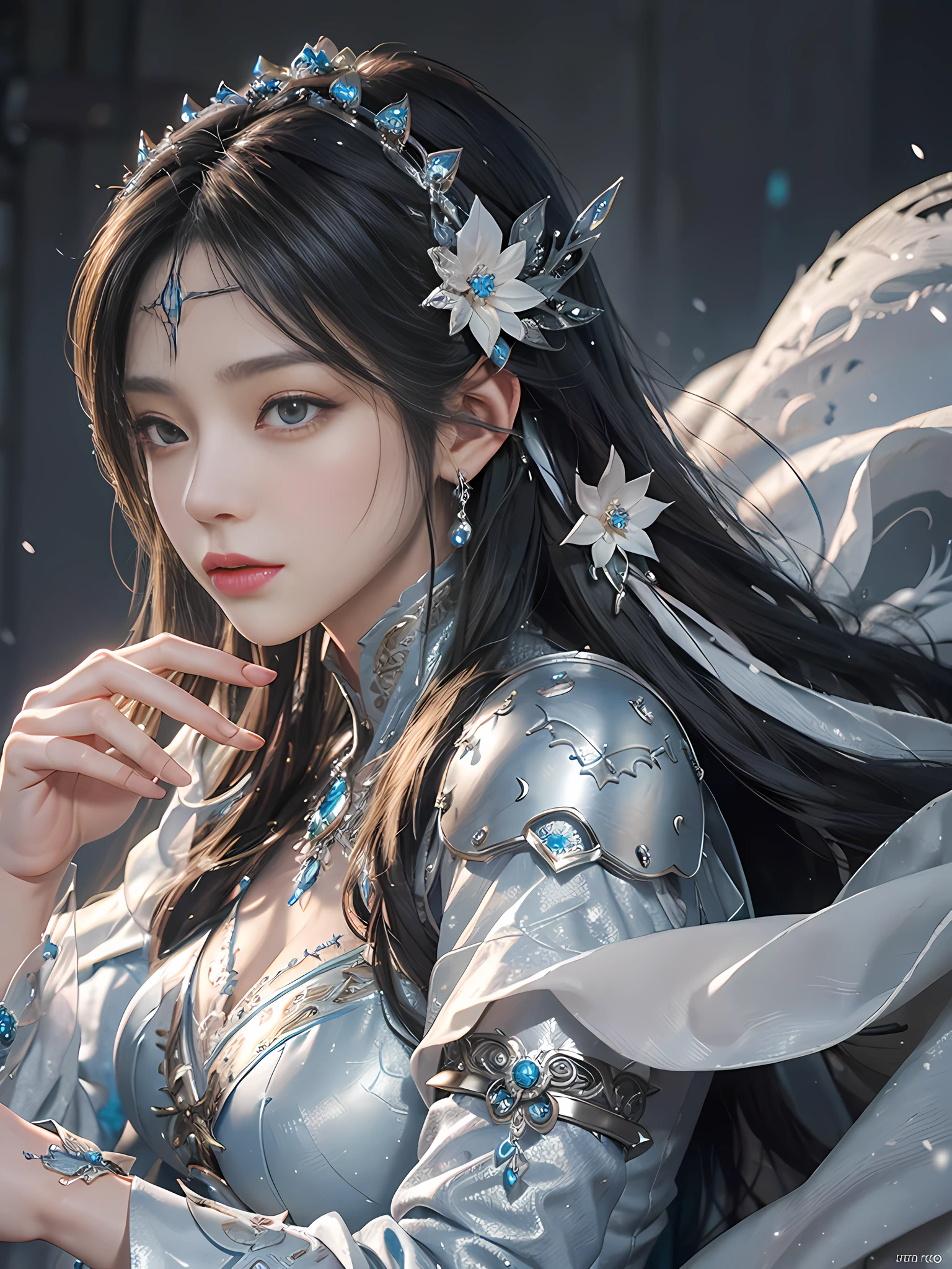 A woman in a silver-blue dress, Cheng Weipan Art Station, Xiuxian Technology Sense, Ice and Snow Beauty, Gauze Sleeves, Detailed Fantasy Art, Stunning Character Art, Epic Exquisite Character Art, Beautiful and Complex Armor, Mechanical, Extremely Detailed Art Budding, Detailed Digital Animation Art, Artgerm on Art Station Pixiv, Armor Girl, Heavy and Exquisite Complicated Headdresses and Jewelry, Noble High-Tech Sense, True God Sight Sense,