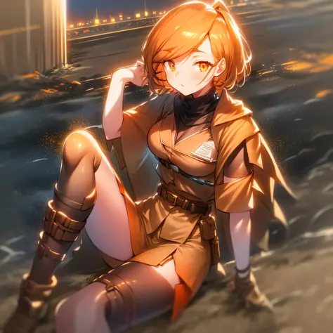 orange eyes light,richly faded light orange hair, anime 1girl, khaki t-shirt, khaki skirt, brown military boots, pouch on the wa...