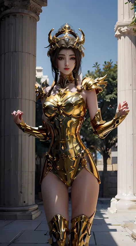 araffe dressed in gold posing in front of a column, unreal engine render saint seiya, ornate cosplay, extremely detailed goddess shot, goddess. extremely high detail, knights of zodiac girl, gorgeous goddess of leo, angelic golden armor, the sailor galaxia...