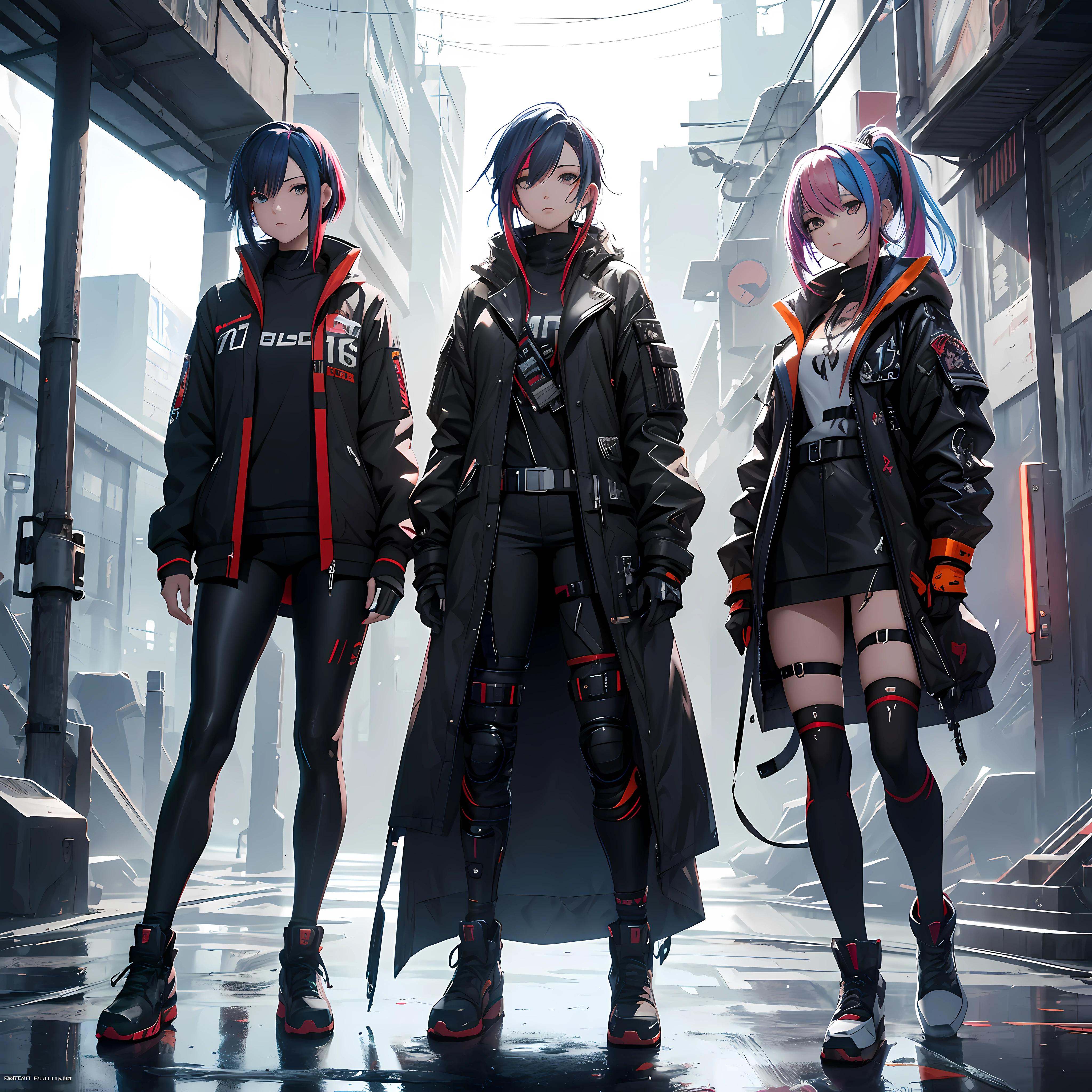 Tres chicas anime vestidas de negro y rojo paradas en una ciudad - SeaArt AI