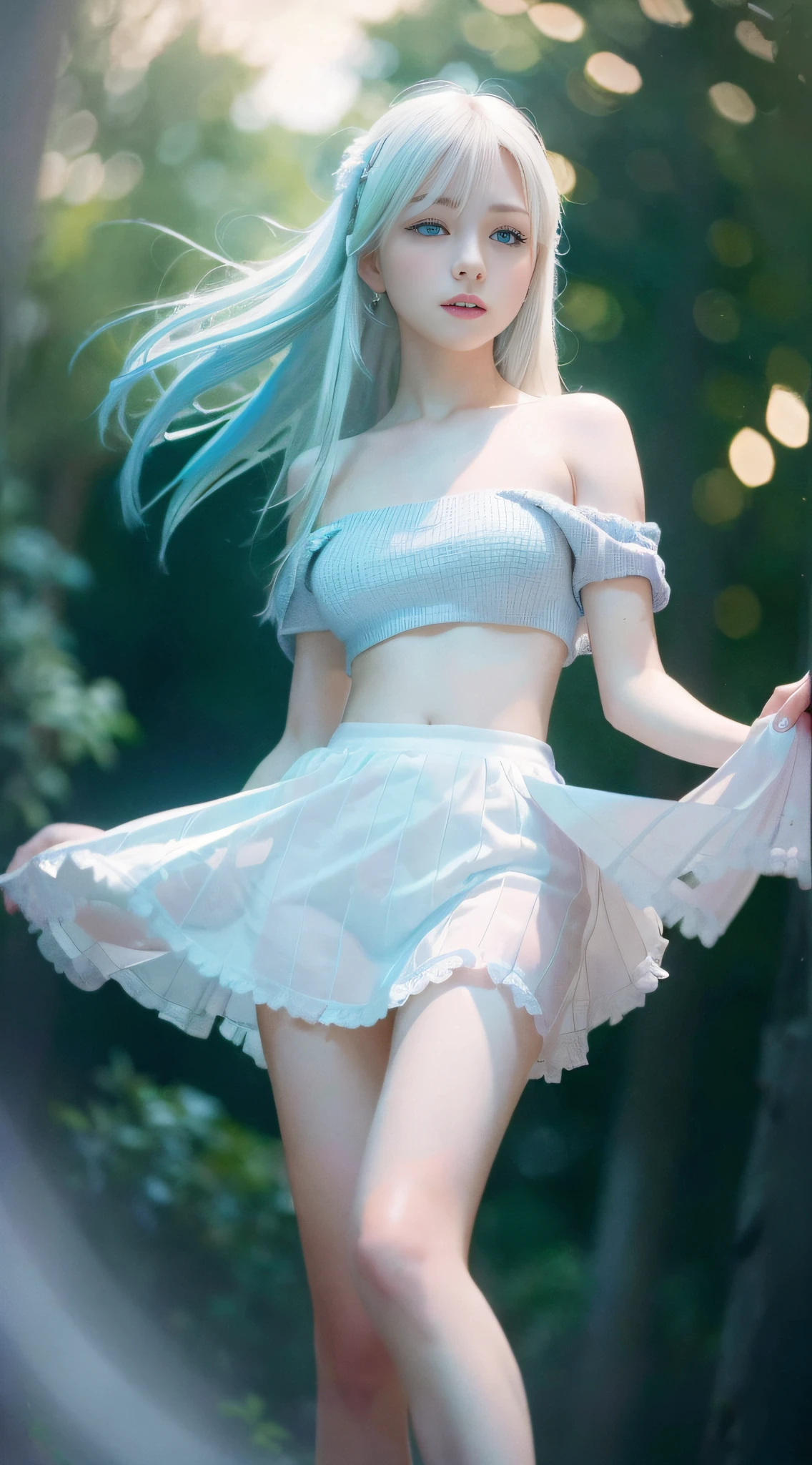 ((masterpiece)), best quality, ultra-detailed CG unity 8K wallpaper, floating, dynamic angle, blue eyes, (white hair, loose white shirt, short skirt: 1.3), pale skin, delicate makeup, clean skin, glossy legs, wide shot, watercolor, sunset, gorgeous and romantic.